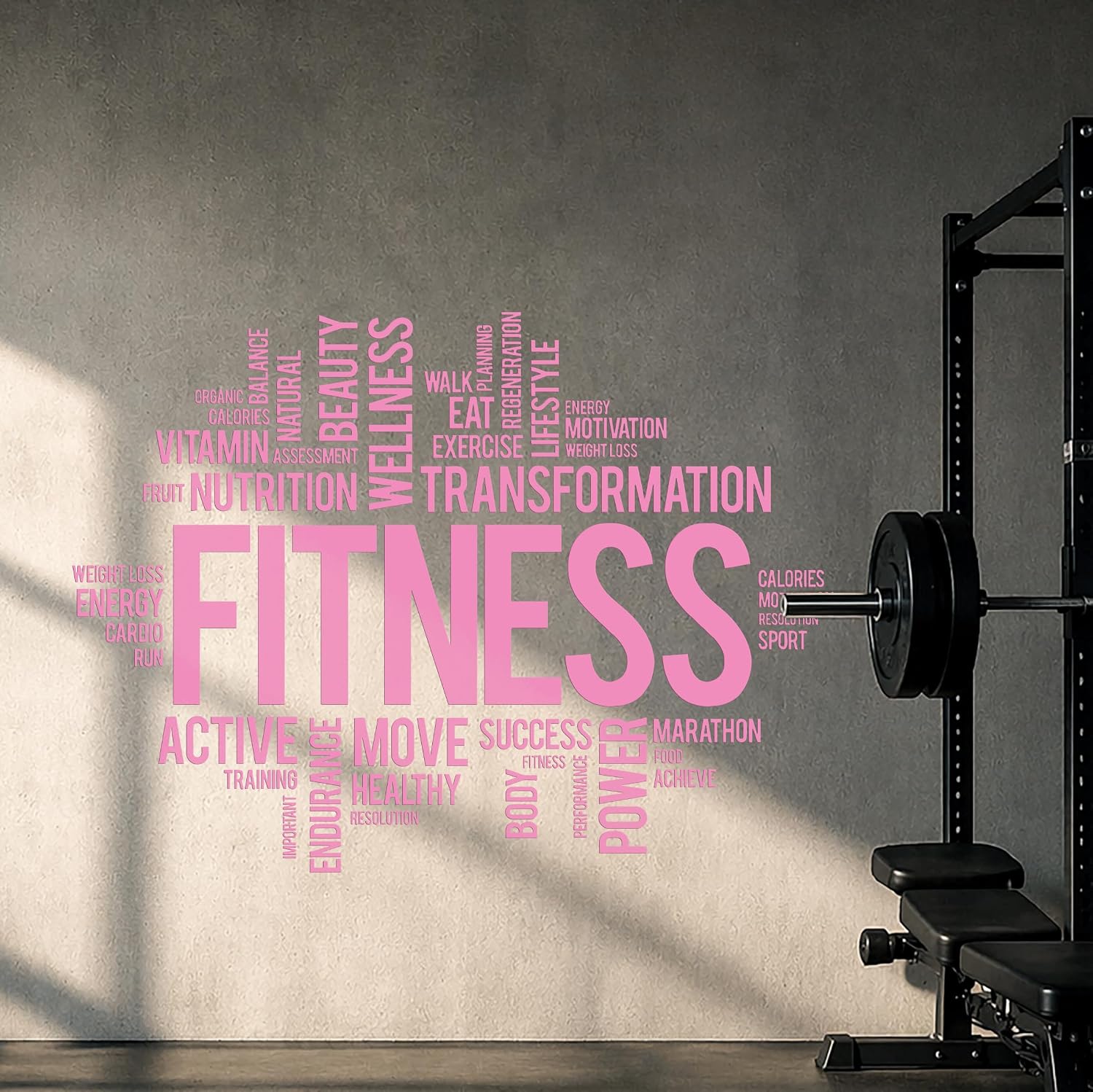 Vinyl Wall Decal Fitness Word Cloud Healthy Lifestyle Gym Motivation / 22.5 x 31 / M In / Pink