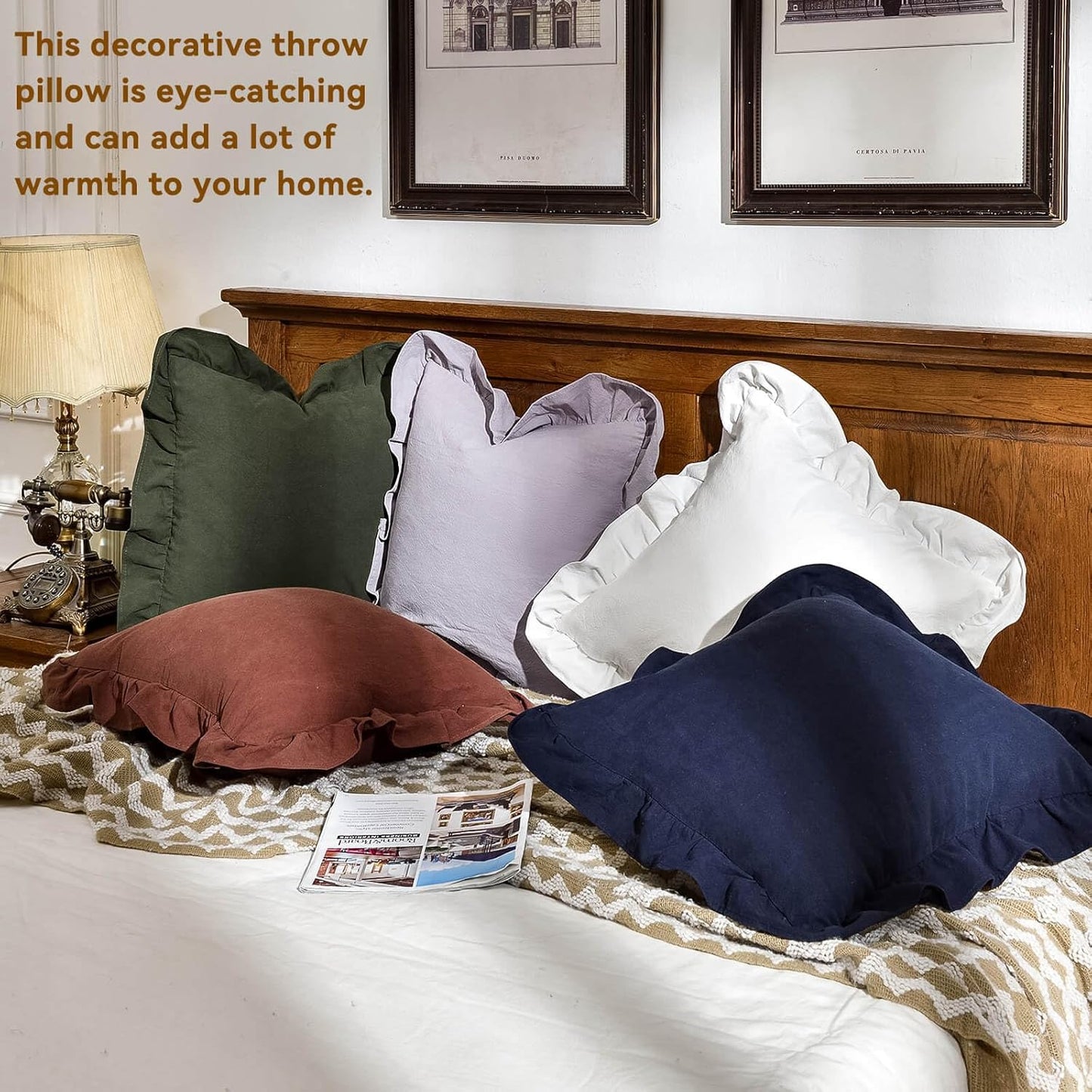 Throw Pillow Covers 100% Cotton Pre Washed Ruffle Decorative / 18 x 18 / Cream White / Set of 2