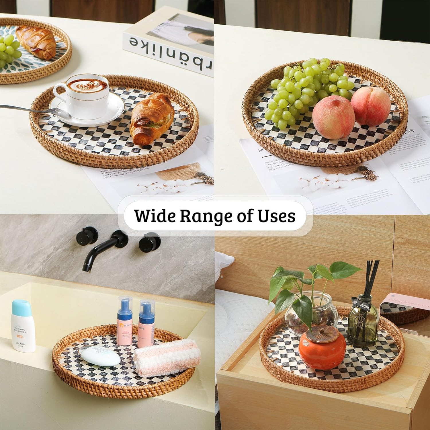 Round Rattan Tray / Checkered