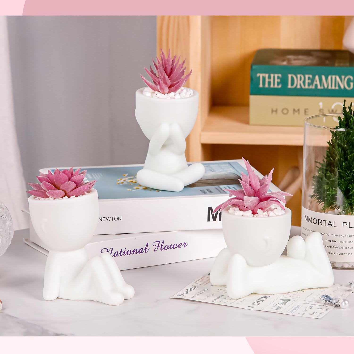 Fake Succulents Plants Artificial Room Office Desk Decor for Women / Pink / Set of 3
