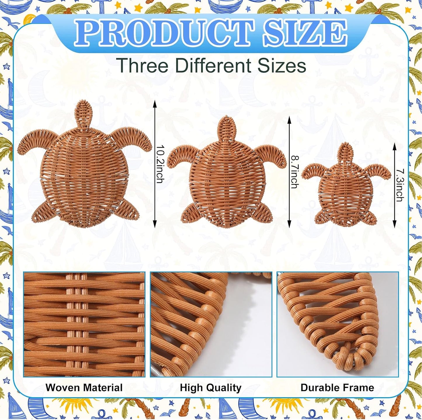 Sea Turtle Wicker Wall Decor 3 Size Handmade Coastal Summer Rattan Wall Art Decor Beach / Set of 3
