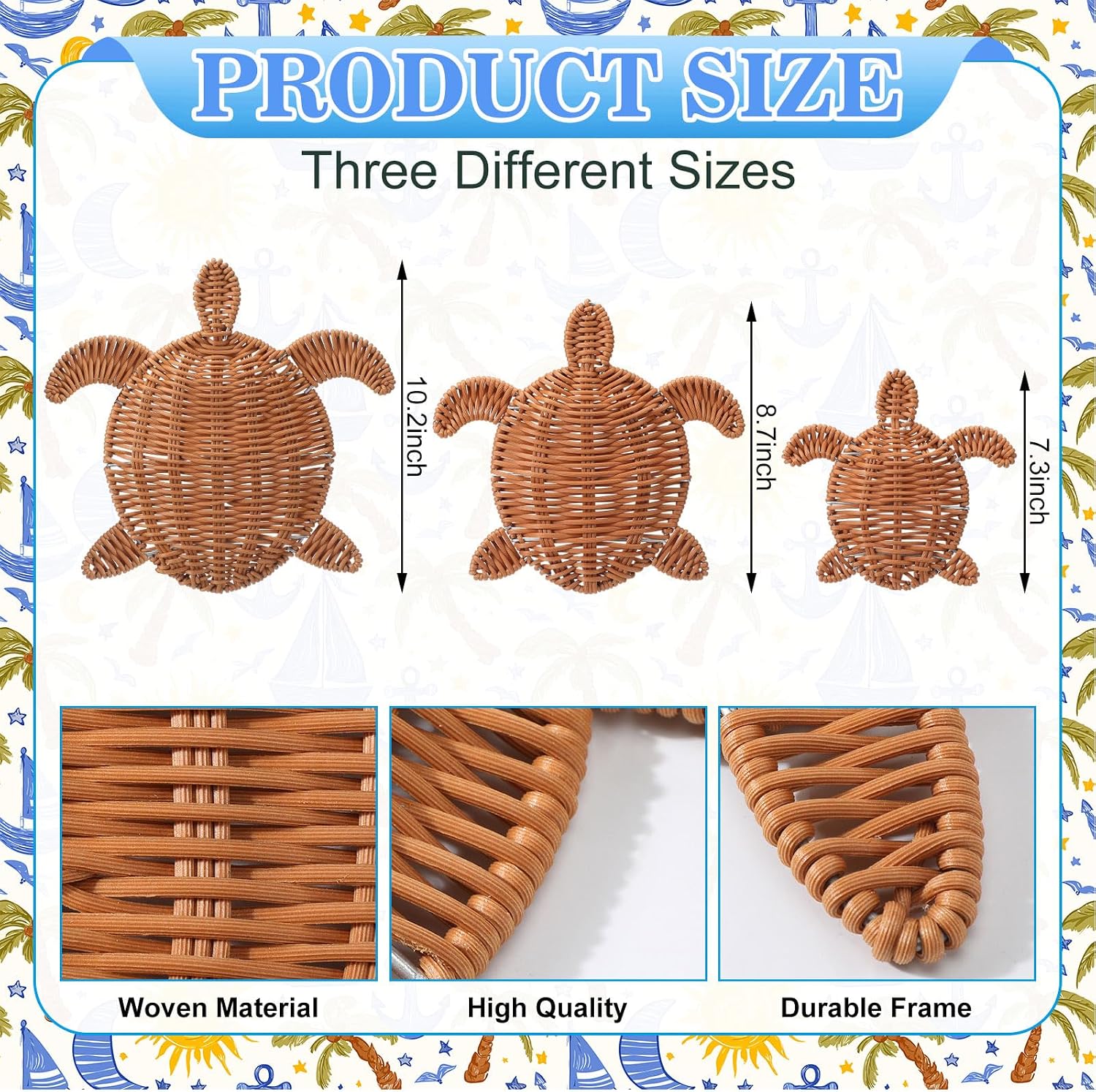 Sea Turtle Wicker Wall Decor 3 Size Handmade Coastal Summer Rattan Wall Art Decor Beach / Set of 3