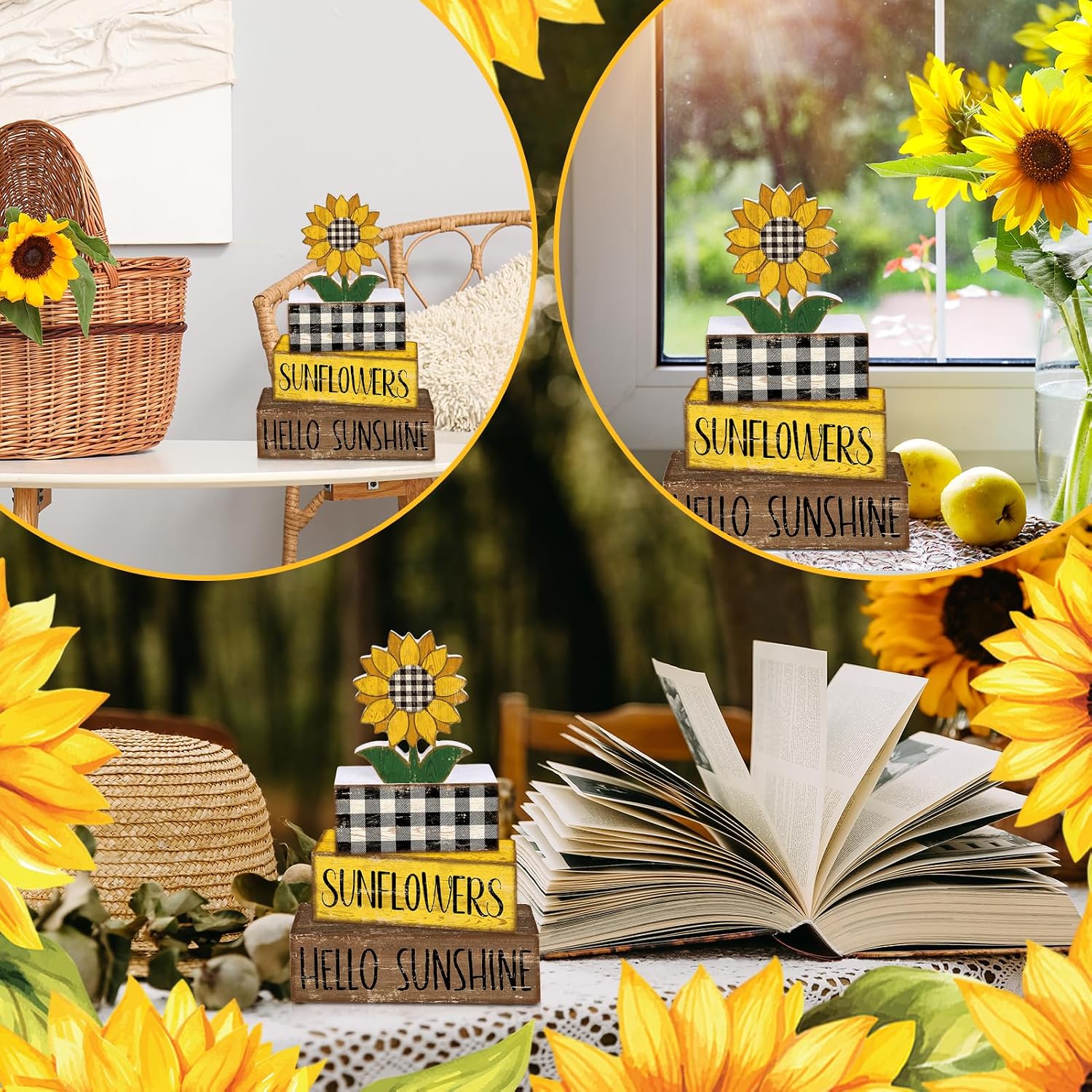 Summer Decor Wooden Tiered Tray Sign / Sunflower / Set of 4