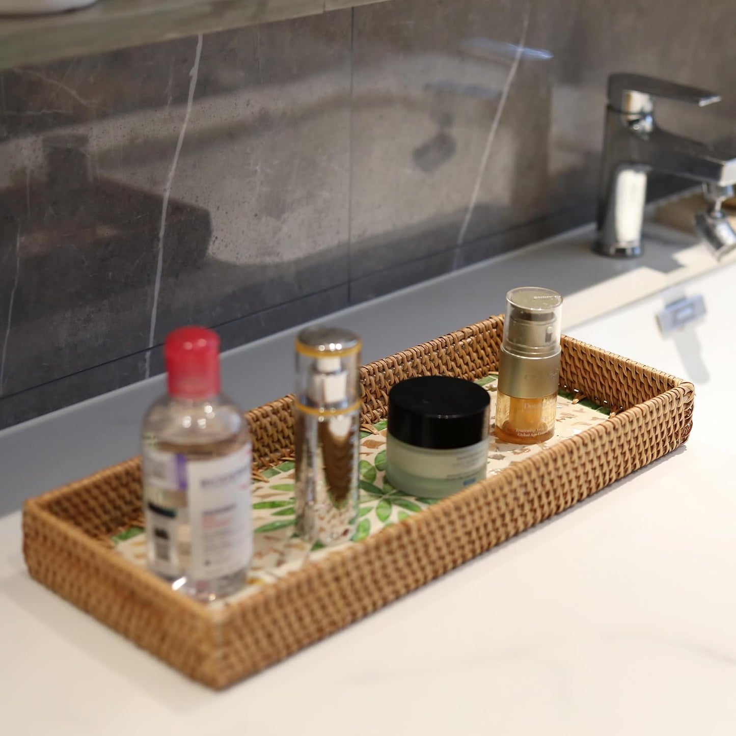 Rattan Bathroom Vanity Tray / Green Leaves / Set of 2