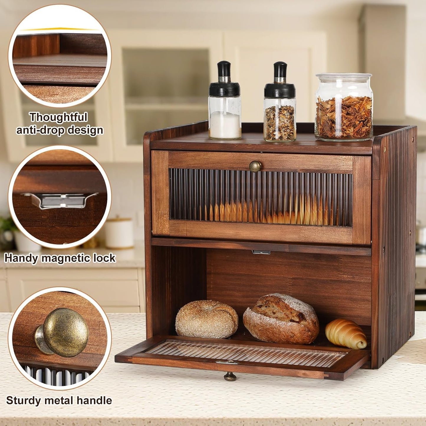 Ciilee Baby Bread Box for Kitchen Countertop, Large Wooden Breadbox, Brown | Vintage Double Layer Bread Bin with Air
