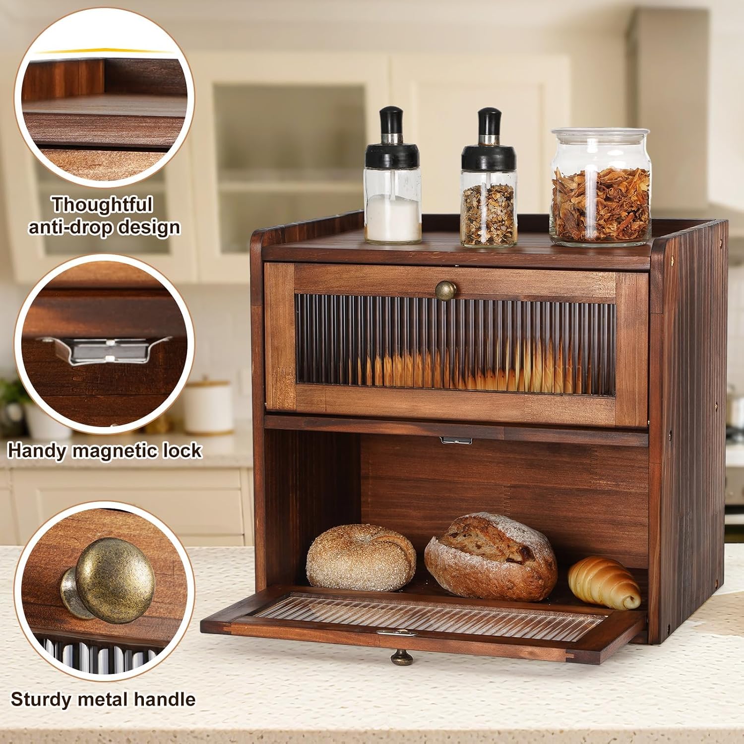 Ciilee Baby Bread Box for Kitchen Countertop, Large Wooden Breadbox, Brown | Vintage Double Layer Bread Bin with Air