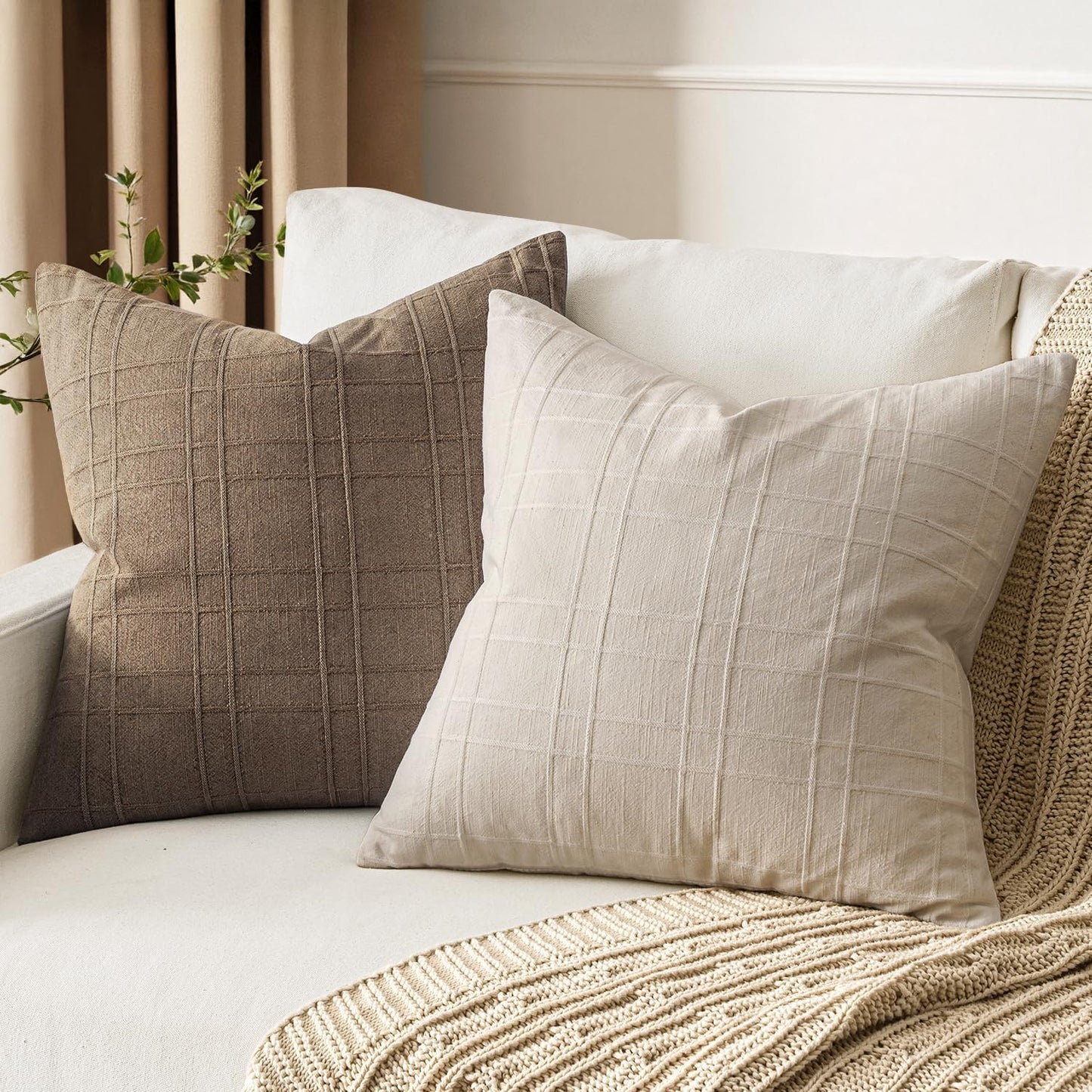Decorative Linen Check Throw Pillow Covers Neutral Farmhouse / 18 x 18 / Natural Beige / Set of 2