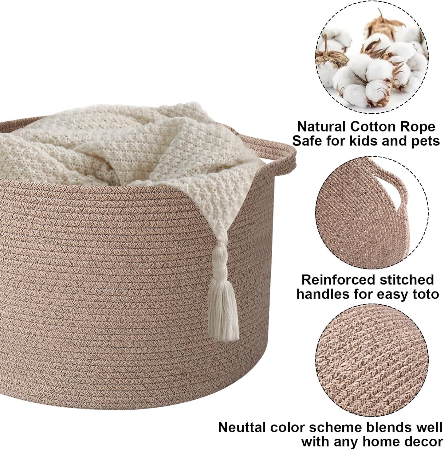 Woven Rope Laundry Basket Hamper / Brown / 19.7"L x 19.7"W x 13"H