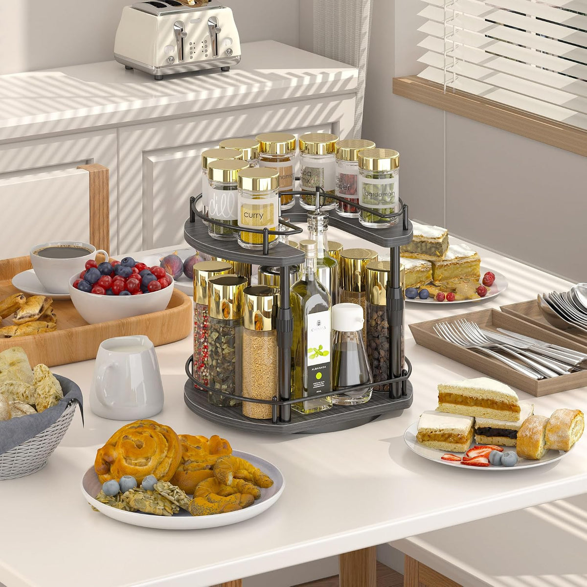 Across-Star Lazy-Susan-Spice-Rack -Organizer For Cabinet With Adjustable Height, 12 inch Rotating Seasoning Holder