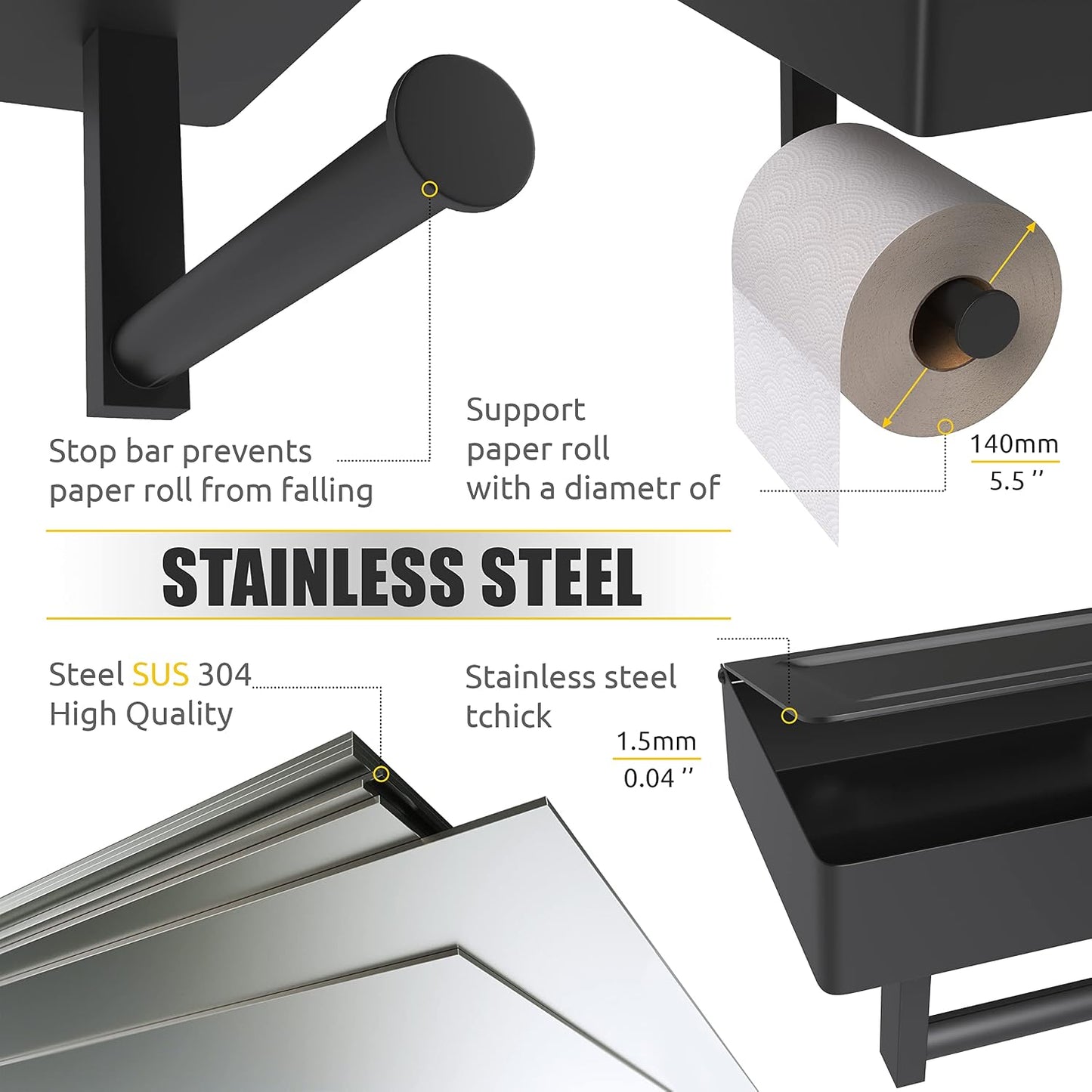 Black Toilet Paper Holder Wall Mounted with Shelf & Wipes Storage – Stainless Steel SUS304 Modern Toilet Tissue Roll
