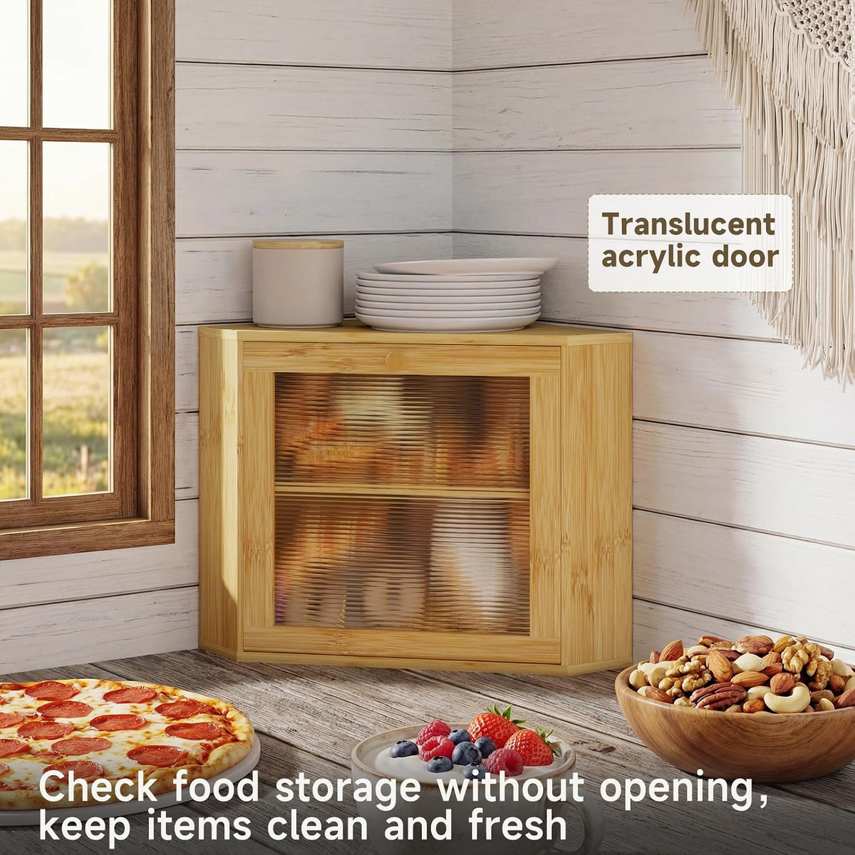 Bread Box for Kitchen Corner Countertop,Large Bread Basket (Natural,Large) | Double Layer Bamboo Bread Storage
