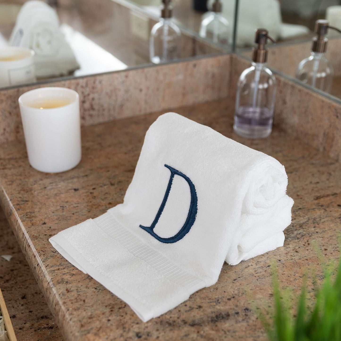 White with Navy Monogrammed Hand Towels for Bathroom - Set of 2 Letter D | Luxury Hotel Quality Initial Towels For