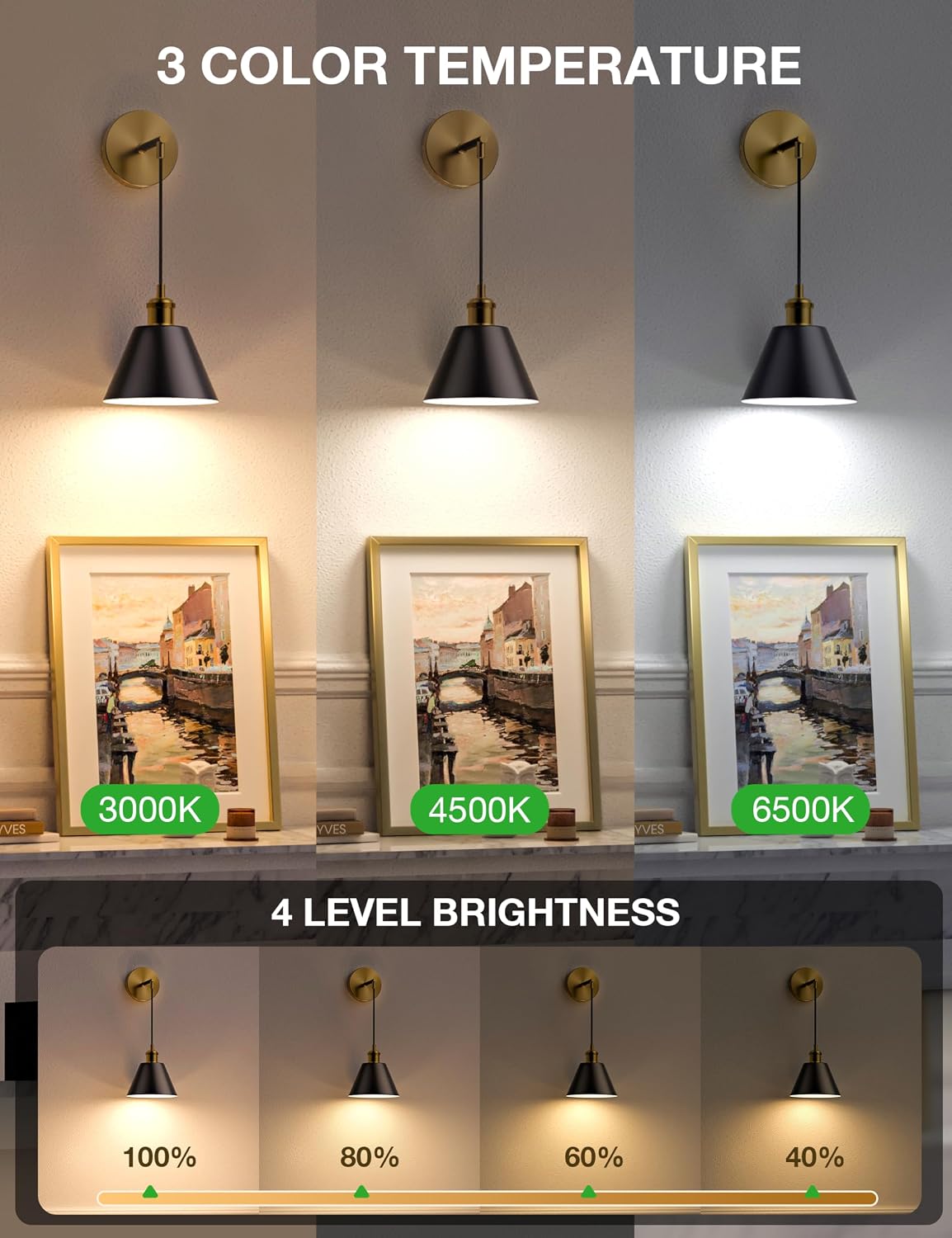 Gold & Black Battery Operated Wall Sconce Set of 2, 5200mAh Dimmable Detachable Bulbs and Remote Wireless Rechargeable