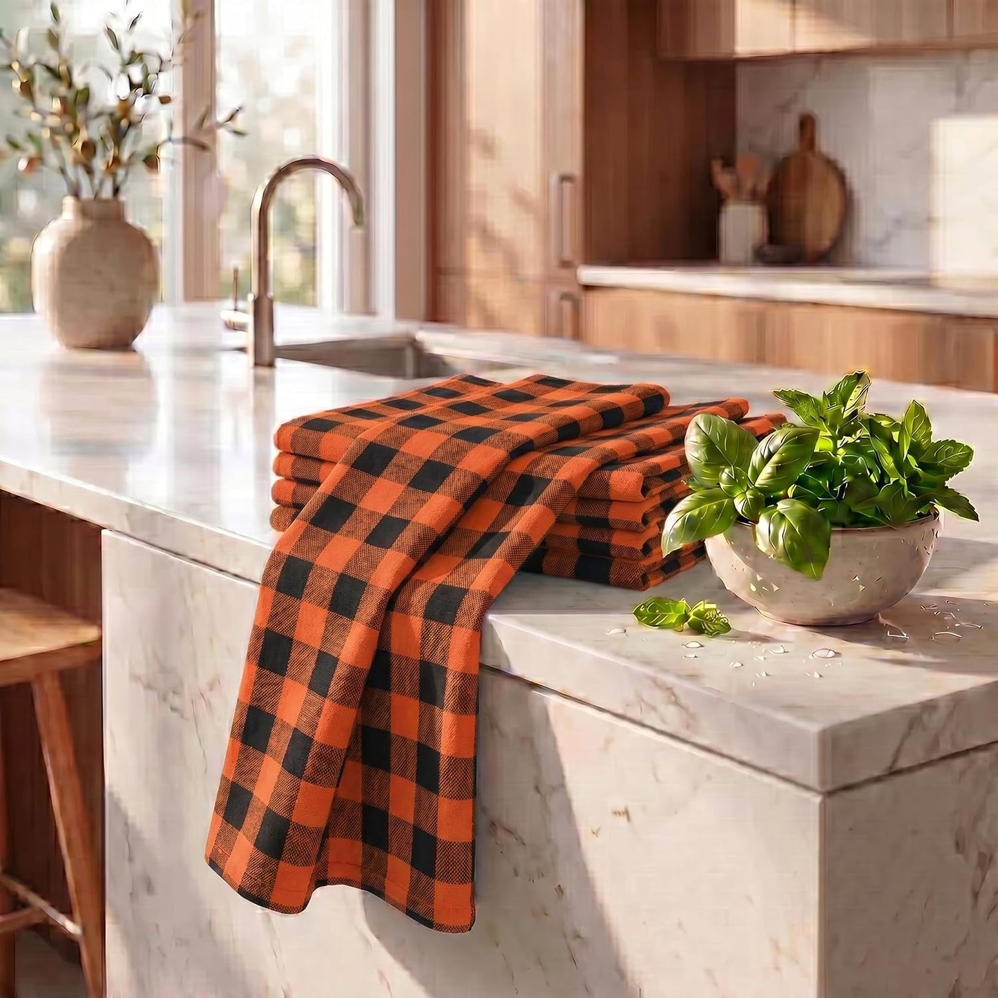 Urban Villa Kitchen Towels Cotton Dish Towels 20”x30” (Set of 6) Orange Blk