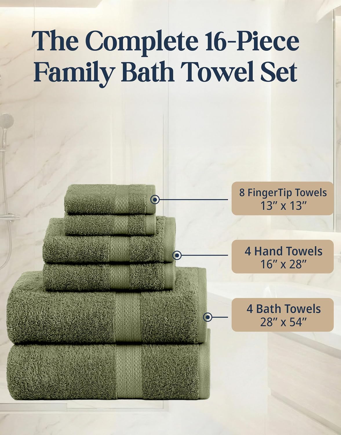 LANE LINEN Large Bath Towel Set Absorbent Quick Dry 100% Cotton - Oil Green | Soft Cotton Towels - Fade-Resistant