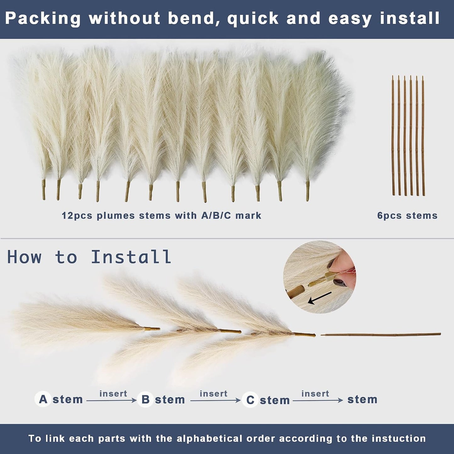 Non-Shedding Large Artificial Fluffy Reed Fake Flower Feather / Beige / 3.6 Inch / Set of 4