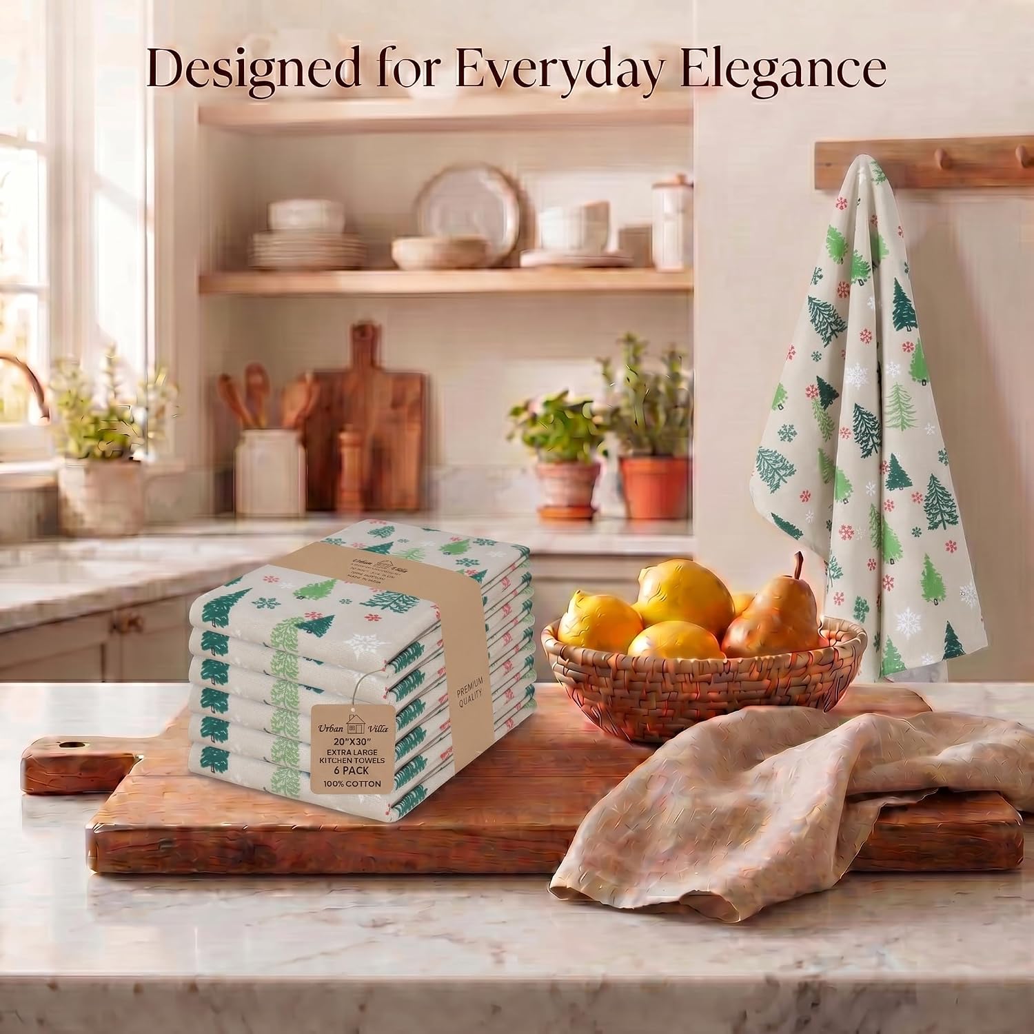 Urban Villa Kitchen Towels Cotton Dish Towels 20”x30” (Set of 6) Grn Tree Print