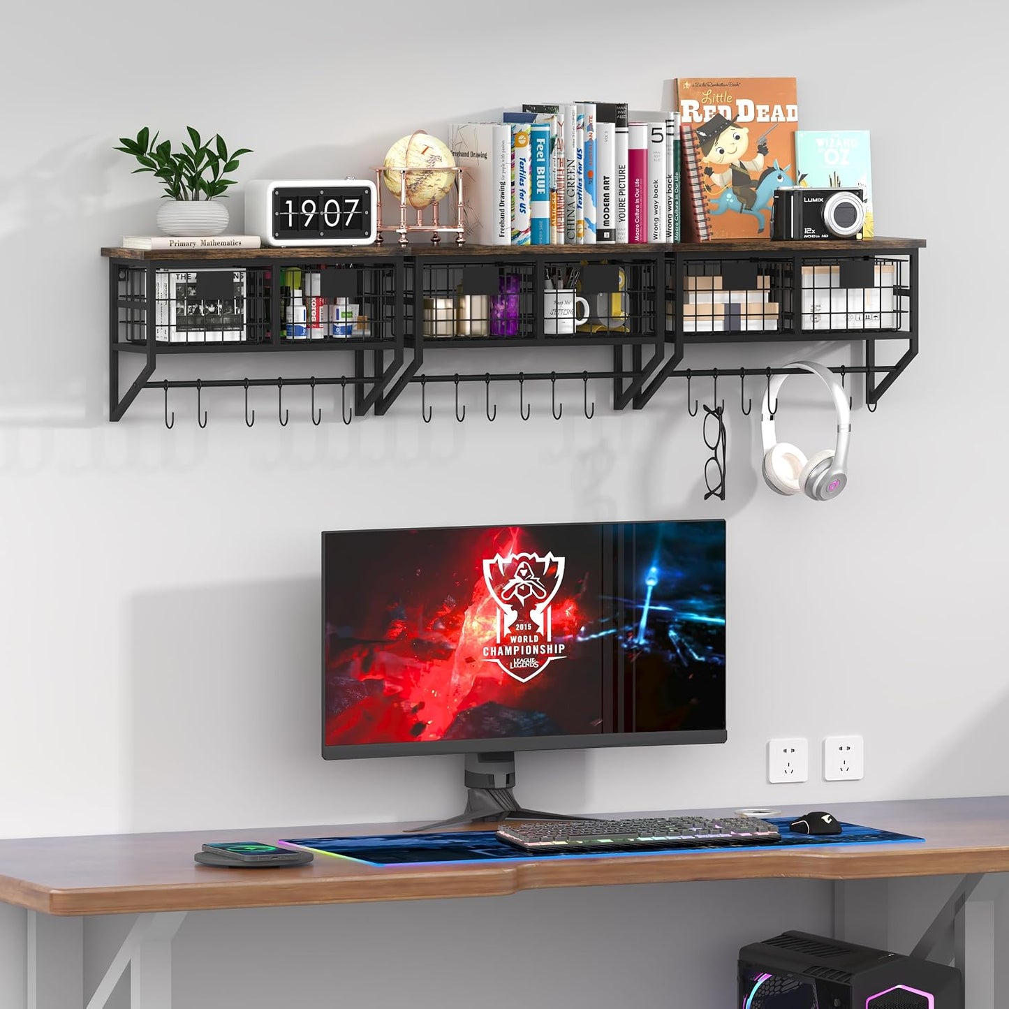 Helsin Industrial Wall Mounted Metal Wood Floating Shelves with Baskets Hooks Hanging Display Shelf Sundries Holder for