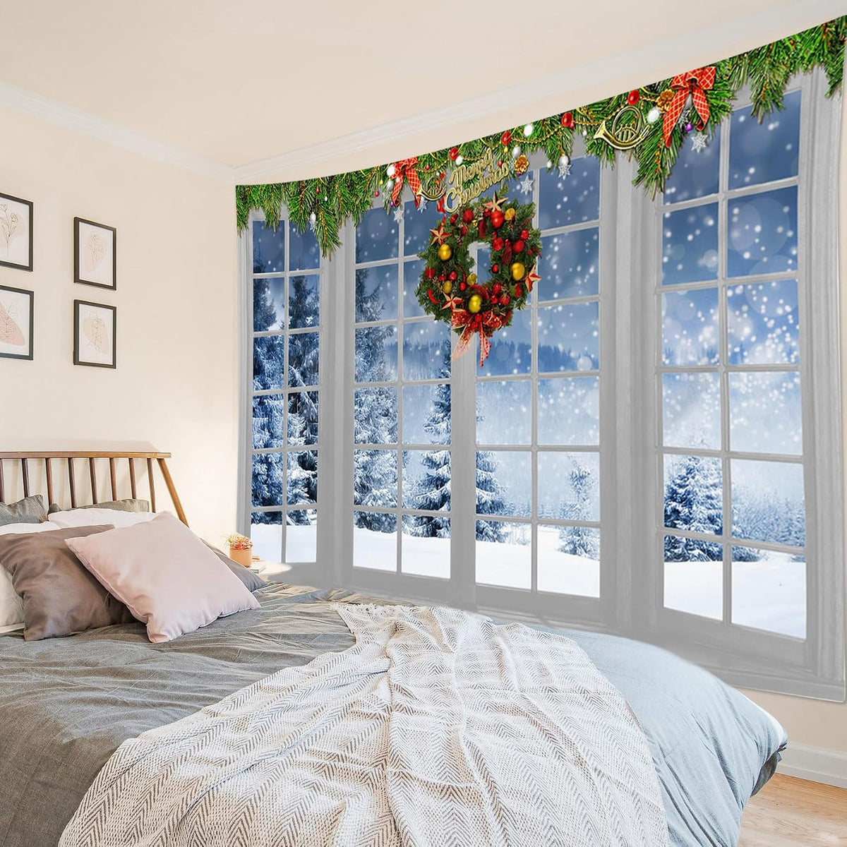 HVEST Winter Tapestry Wall Hanging Snow Pine Tree Forest outside Window Wall Art for Bedroom, Christmas Wreath and Green Pine Branch Tapestry for Living Room Dorm Wall Decor, 60L X 80W inches