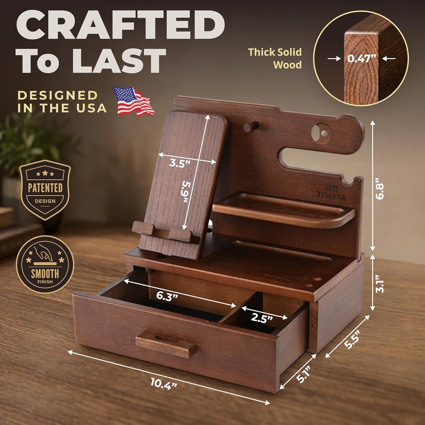 TESLYAR Wood Phone Docking Station with Drawer - Nightstand Organizer - Desk Organizer for Husband - Birthday Gifts for