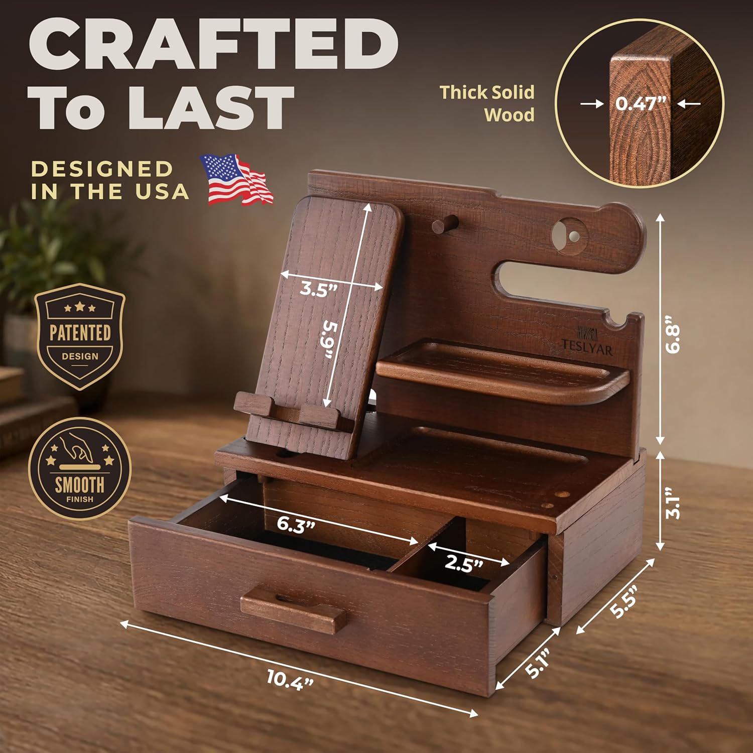 TESLYAR Wood Phone Docking Station with Drawer - Nightstand Organizer - Desk Organizer for Husband - Birthday Gifts for