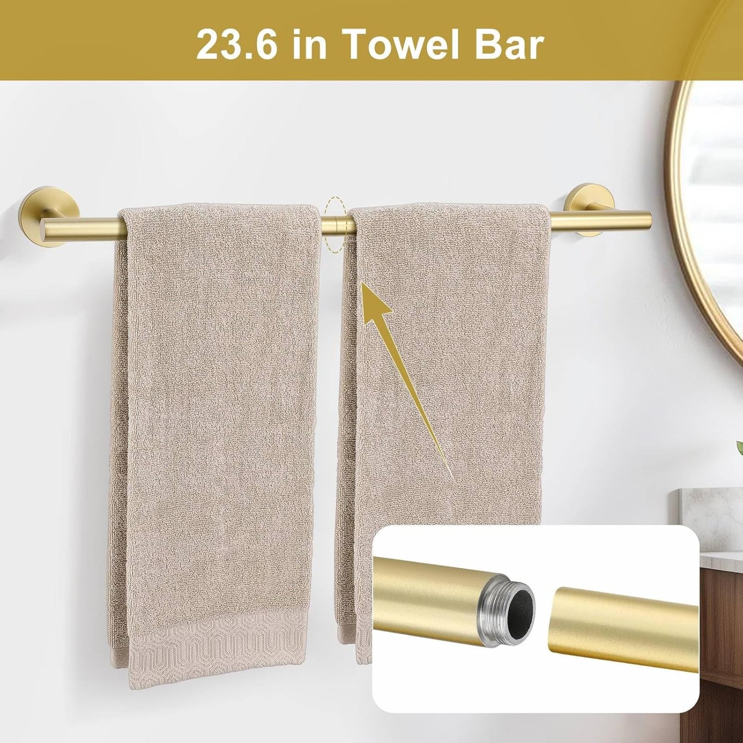 5 Pieces Brushed Gold Towel Bar Set, Upgraded Round Bathroom Hardware Accessories Set, Toilet Paper Holder Towel Holder