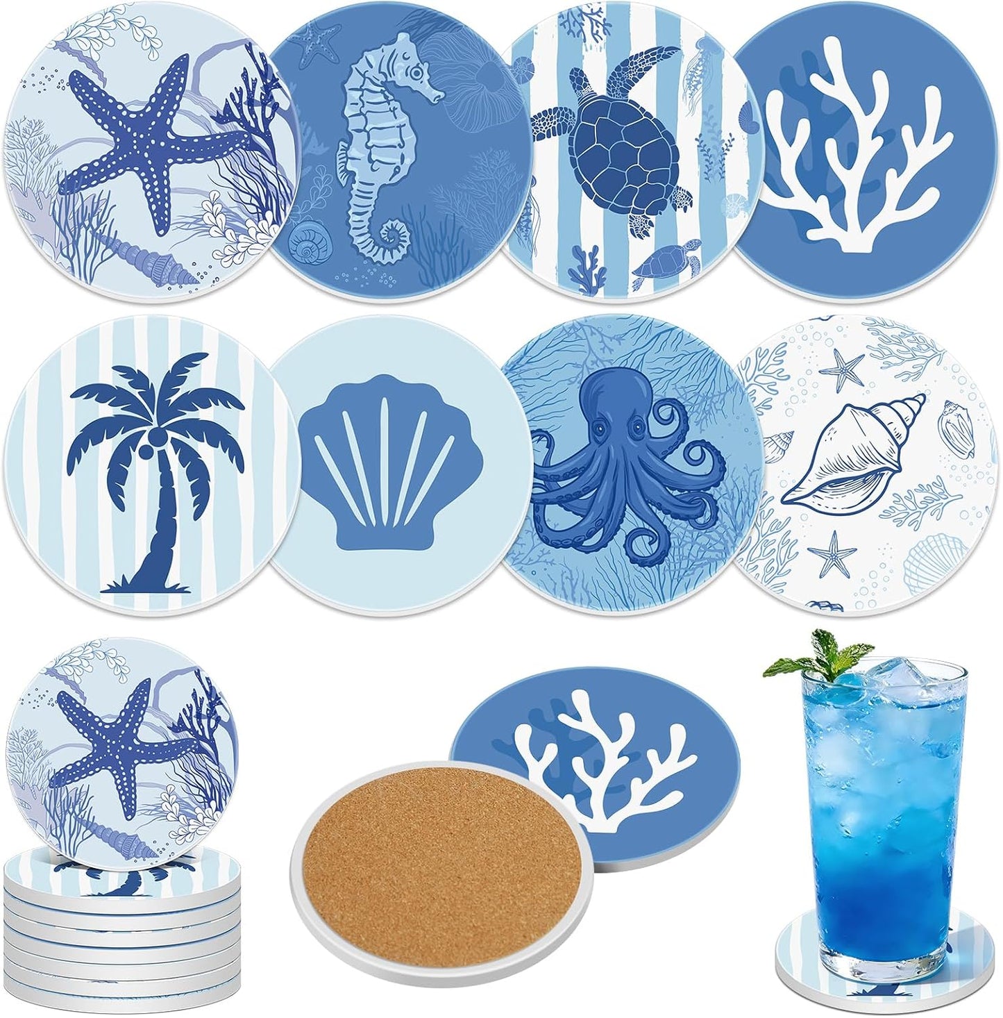 Coastal Coasters for Drinks Ceramic Stone Round Absorbent Coasters / Set of 8