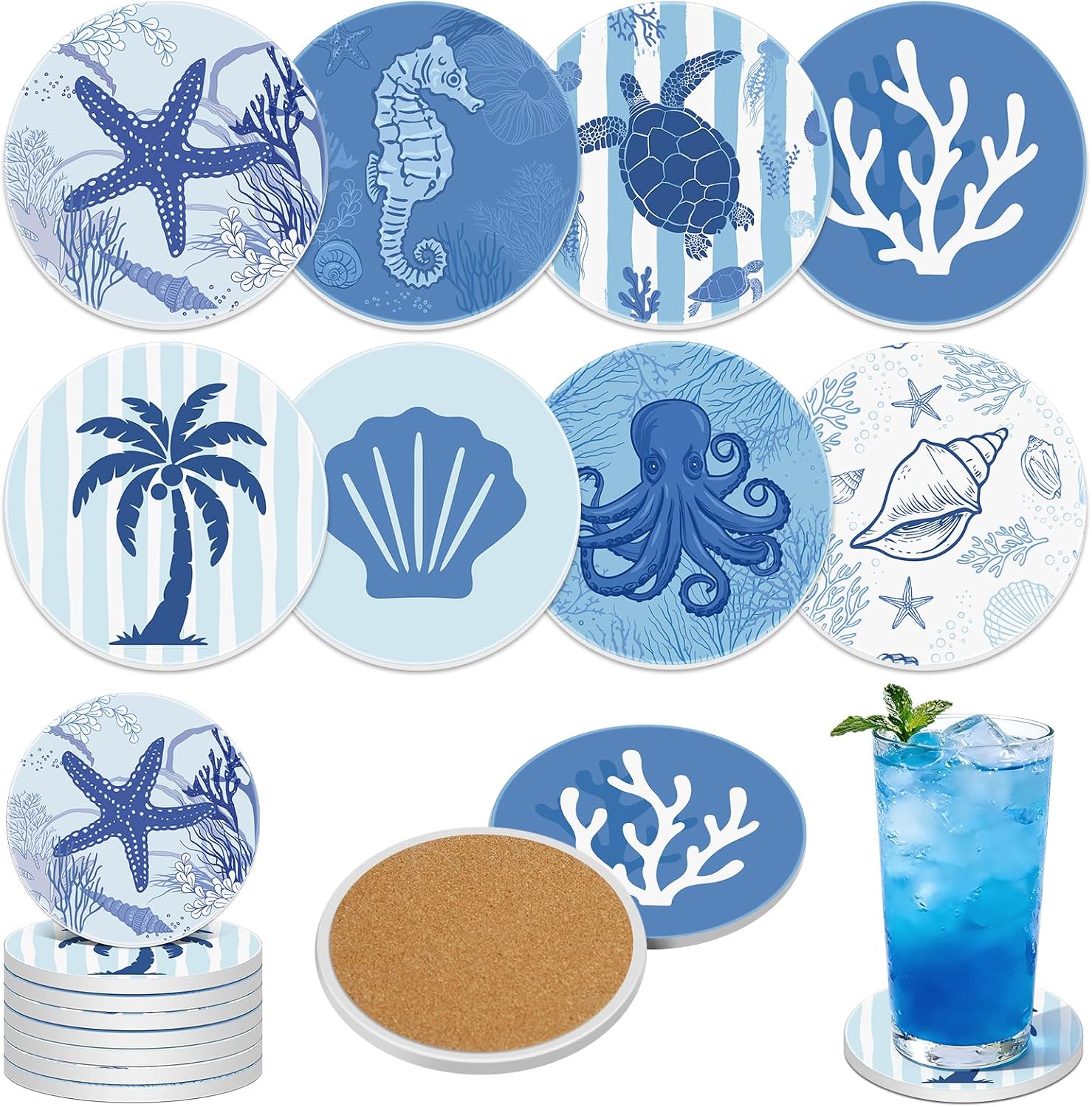 Coastal Coasters for Drinks Ceramic Stone Round Absorbent Coasters / Set of 8
