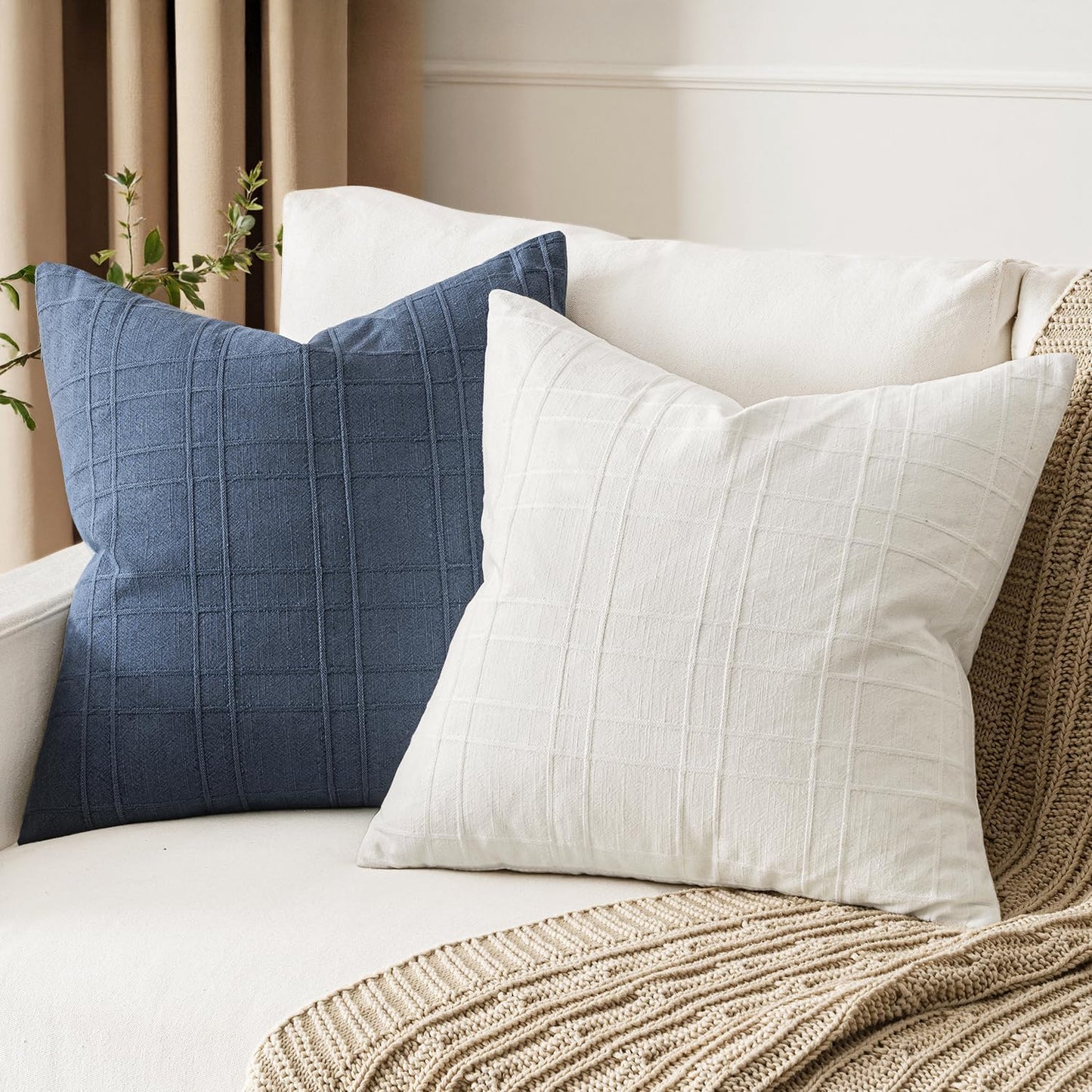 Decorative Linen Check Throw Pillow Covers Neutral Farmhouse / 18 x 18 / Cream White / Set of 2
