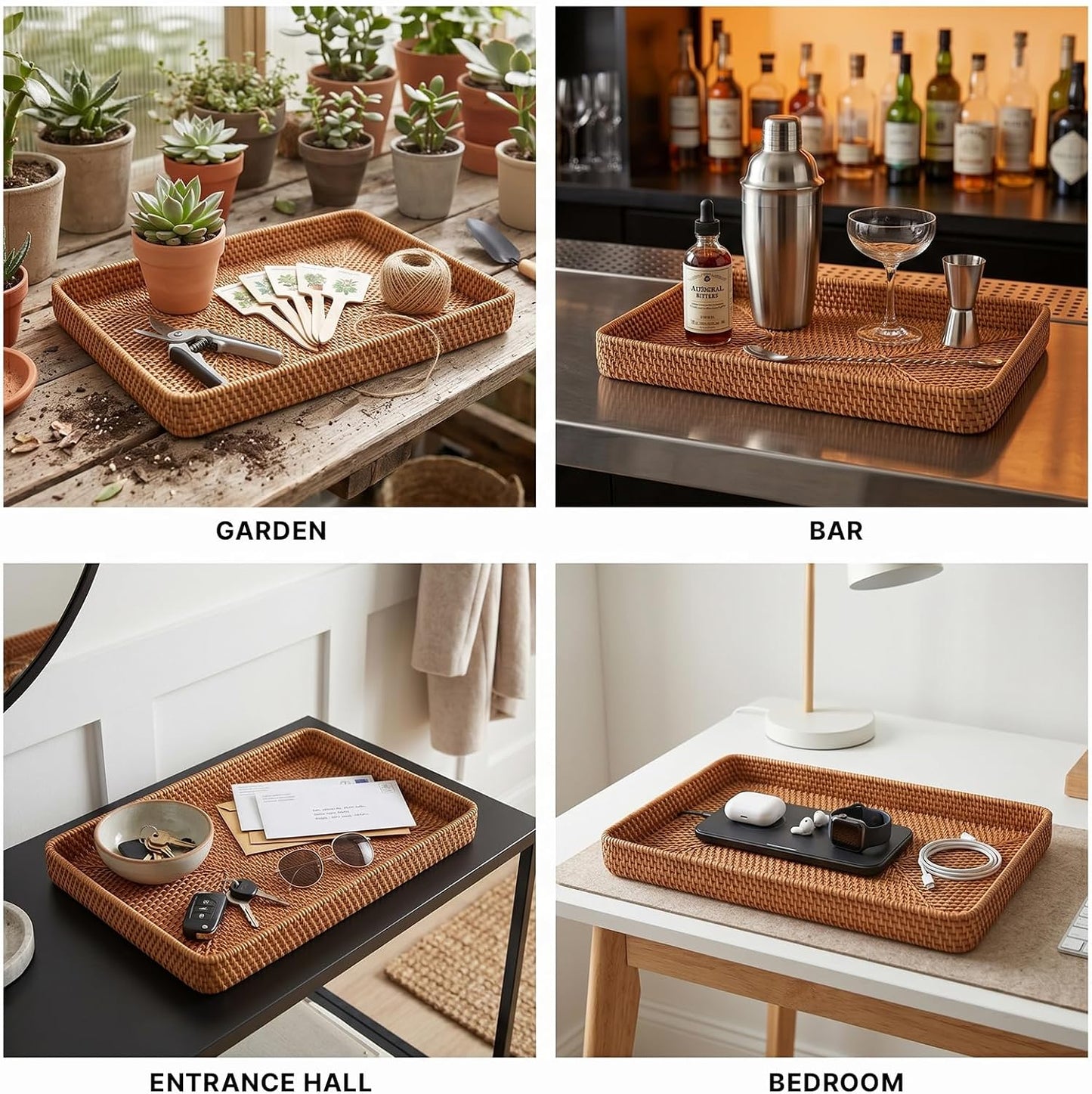 Wicker Storage Basket Rattan Tray Rectangular Wicker Basket Handwoven Organizer Basket Decorative