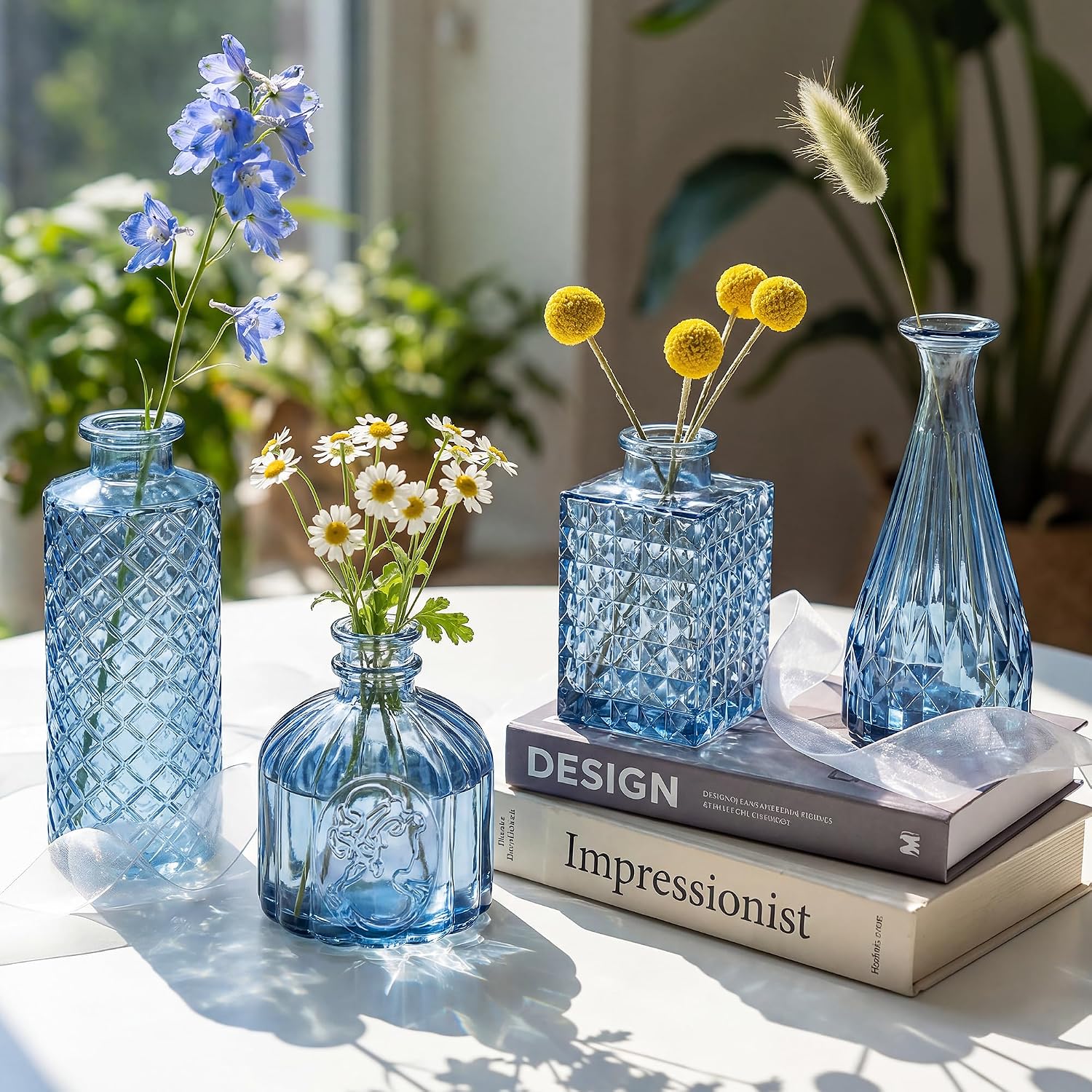 Armber Small Vintage Glass Clear Bud Flower Vases Bulk Multiple Shape Mini Glass / Blue / Set of 12