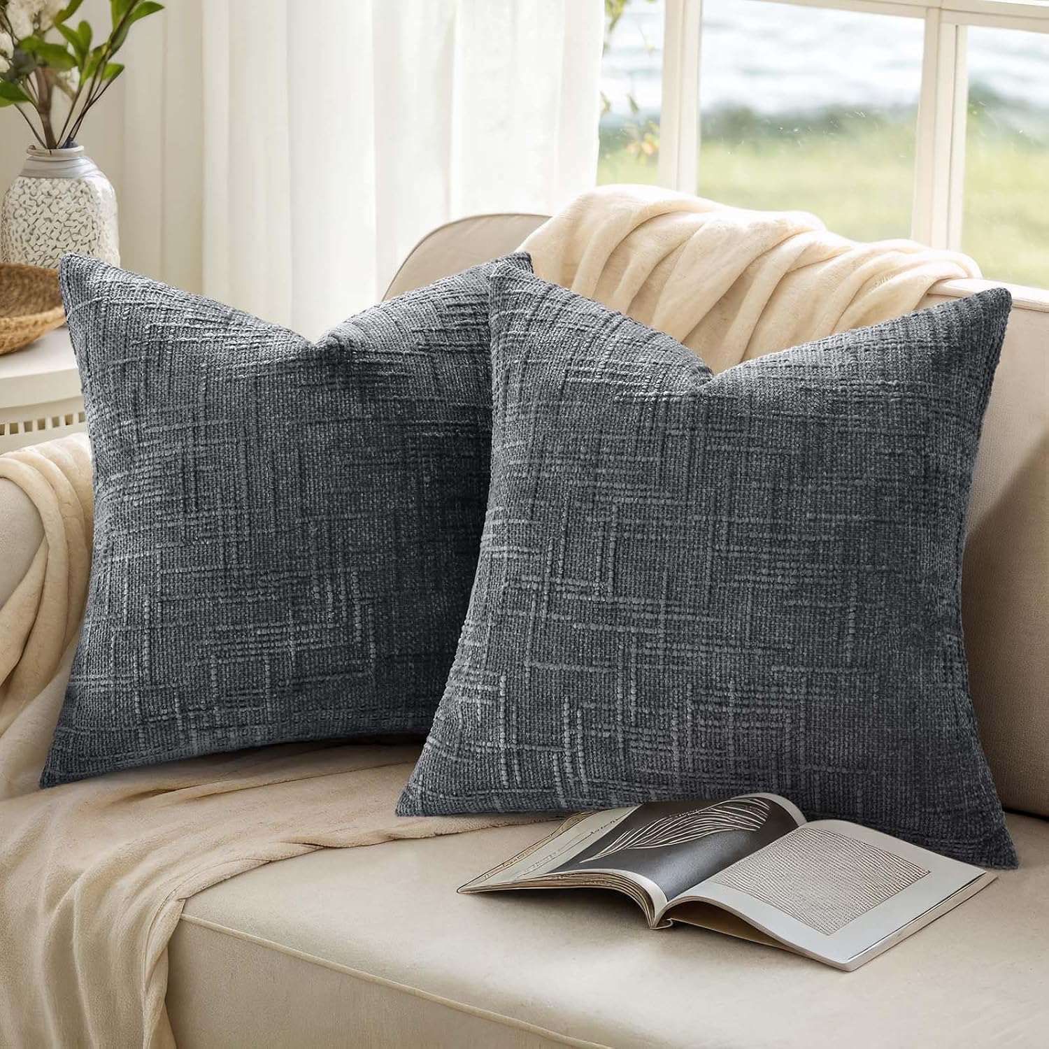 Fall Chenille Throw Pillow Covers Textured Soft Slubby Couch Pillow / Dark Grey / 18 x 18 / Set of 2