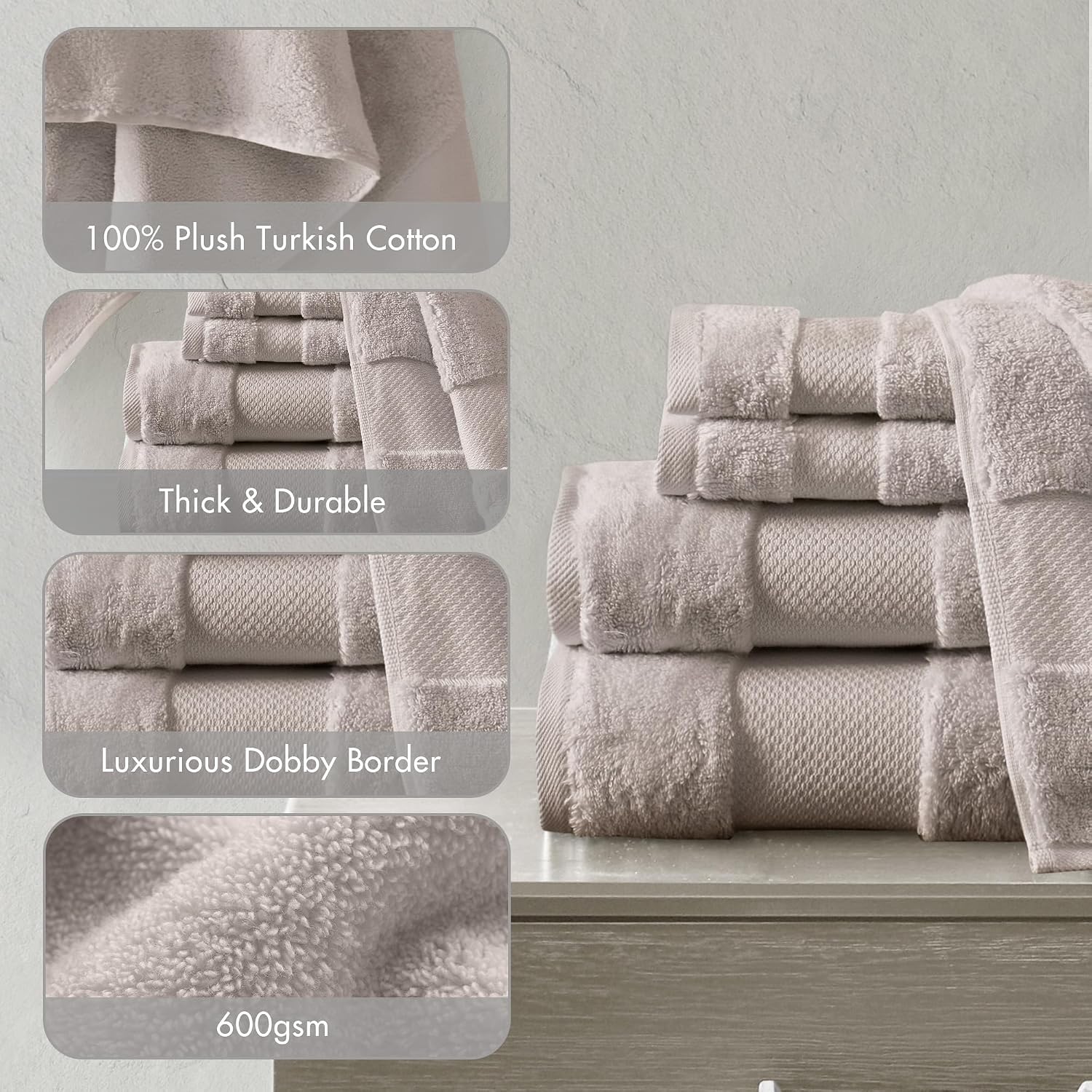 Madison Park 100% Turkish Cotton 600 GSM Bath Towel Set, 6 Piece, Taupe | Low Twist Quick Dry Shower Towels for