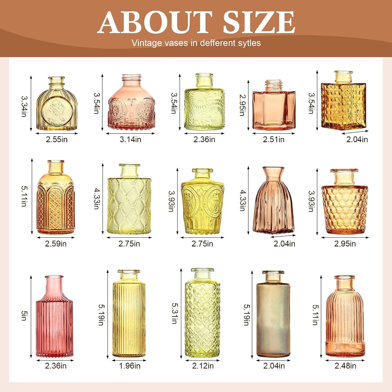Colored Glass Bud Vases / Orange Yellow Series / Set of 15