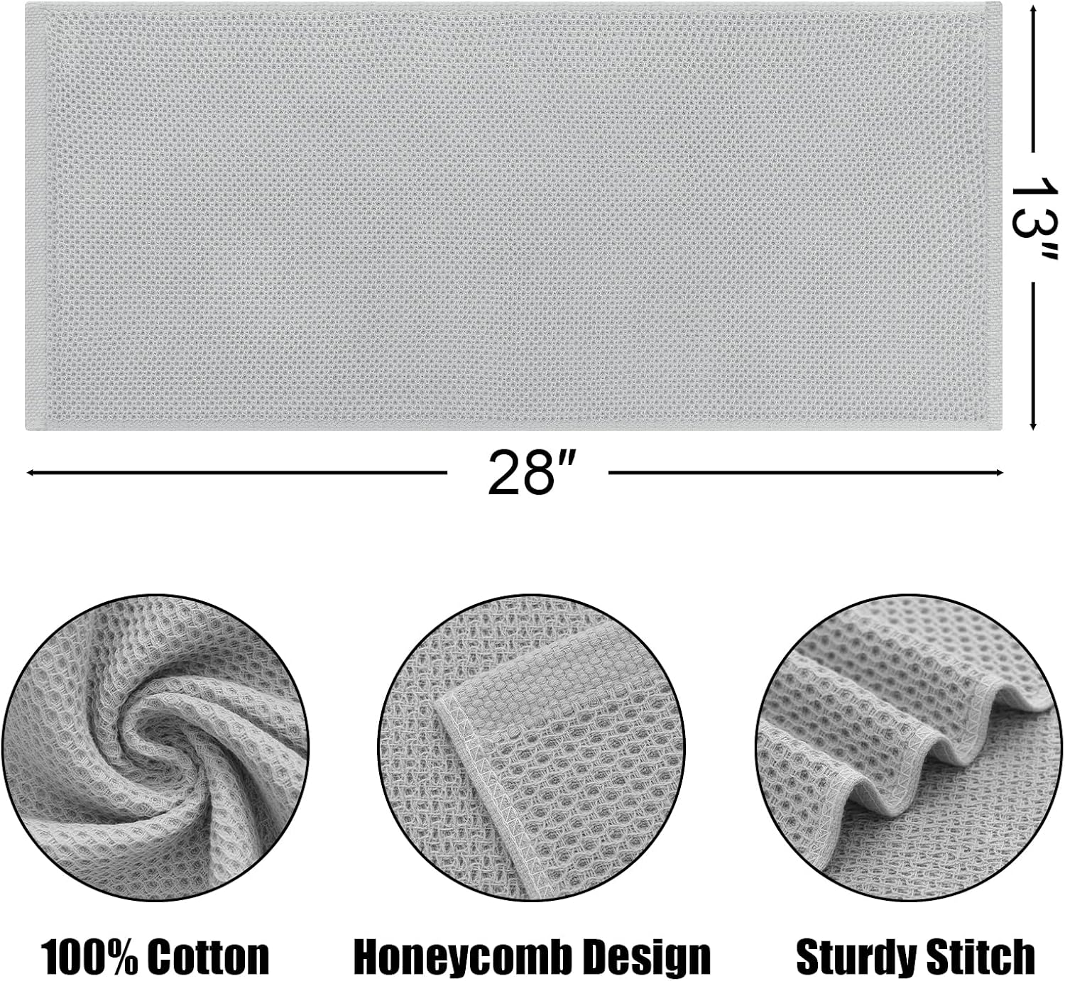 Kitinjoy 100% Cotton Waffle 8-Pack Kitchen Towels, 13" x 28", Light Grey | Super Soft, Ultra-Absorbent, Fast Drying
