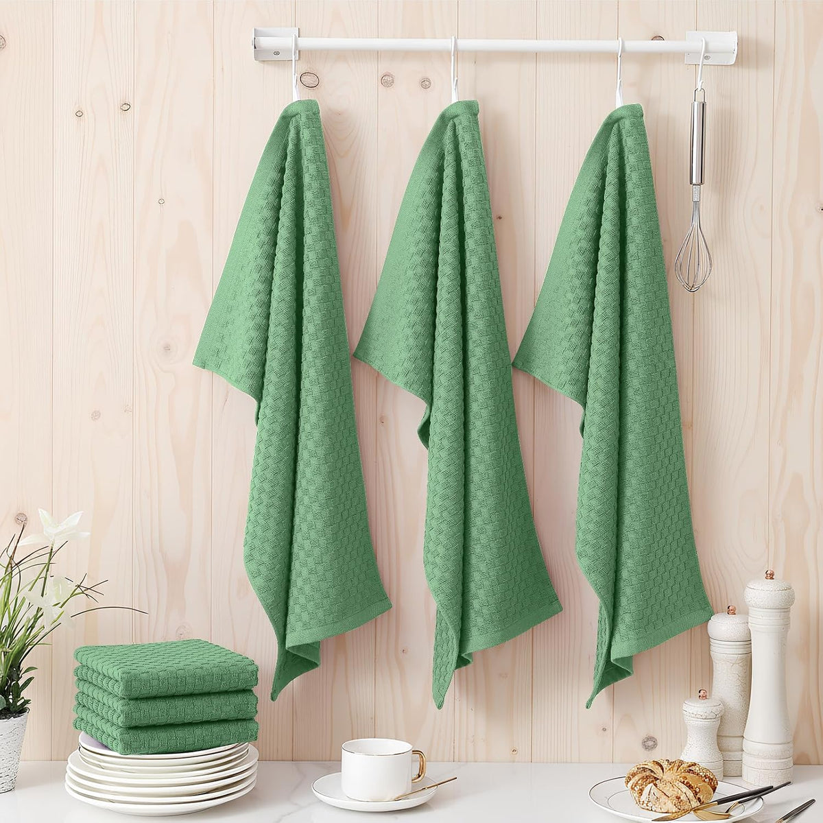 Homaxy 100% Cotton Terry Kitchen Towels(15" x 25", 12 Pack), Grass Green | Soft and Super Absorbent Dish Towels, 380