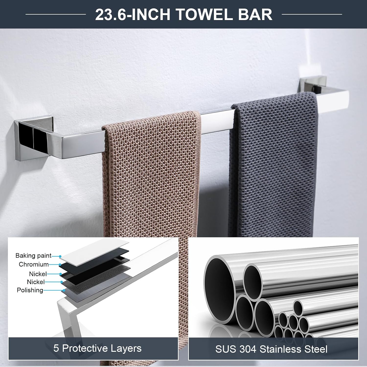 TQKAG 6-Piece Towel Bar Set, 23.6" Bathroom Hardware Set, Polished Chrome | SUS304 Stainless Steel, Chrome Bathroom