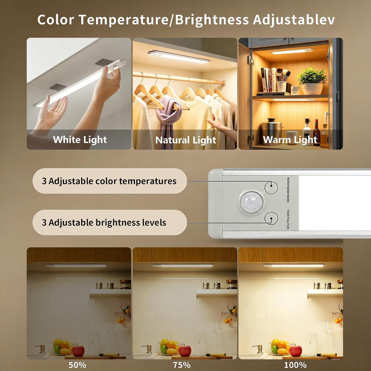 6Pack Under Cabinet Lighting Wireless Rechargeable Sensor Light Indoor with 3 Color Temps & Dimmable Led