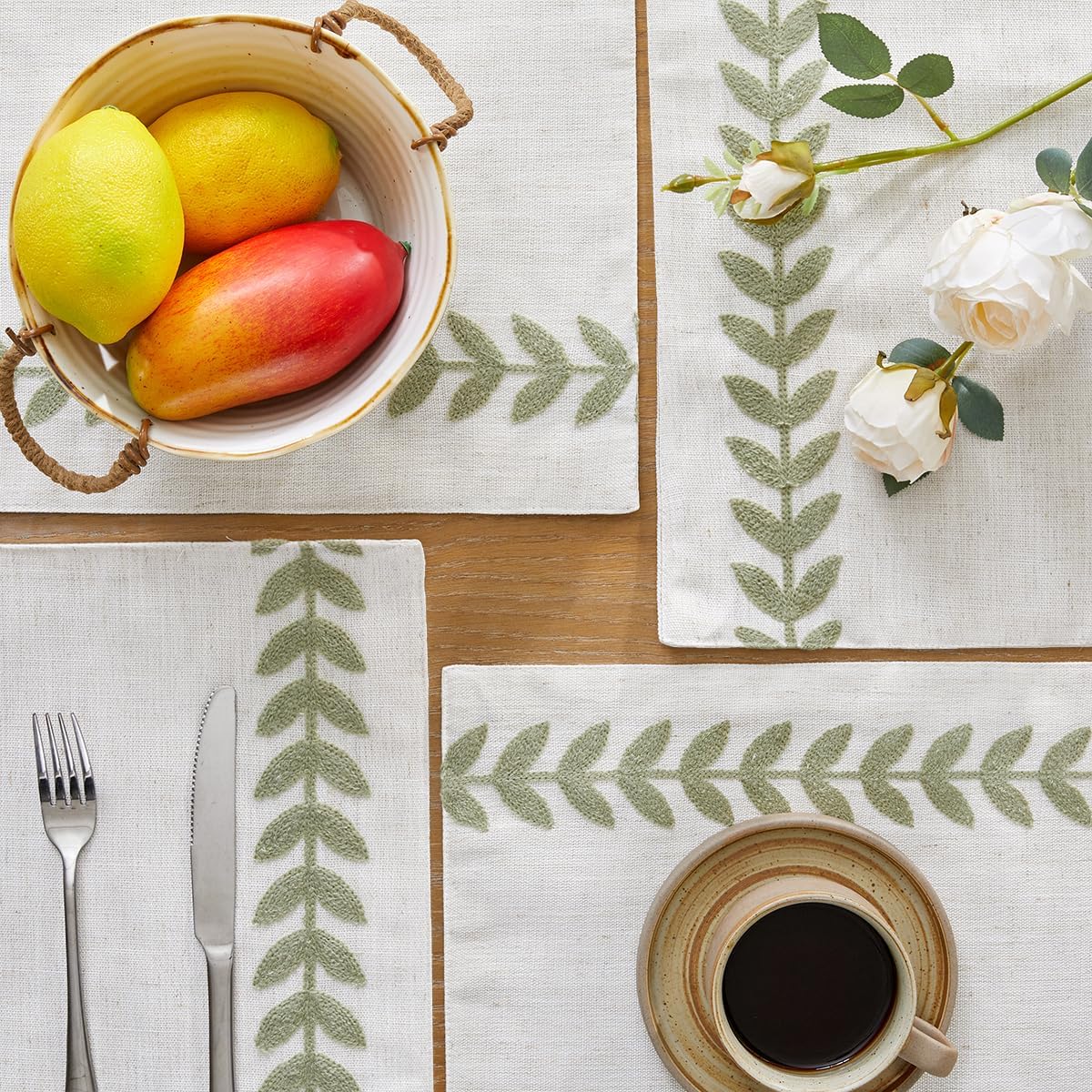 Wracra Embroidered Place Mats, Sage Green Rustic Placemats Set of 6 | Macrame Placemats 12 x 18 Inch; Heat Resistant