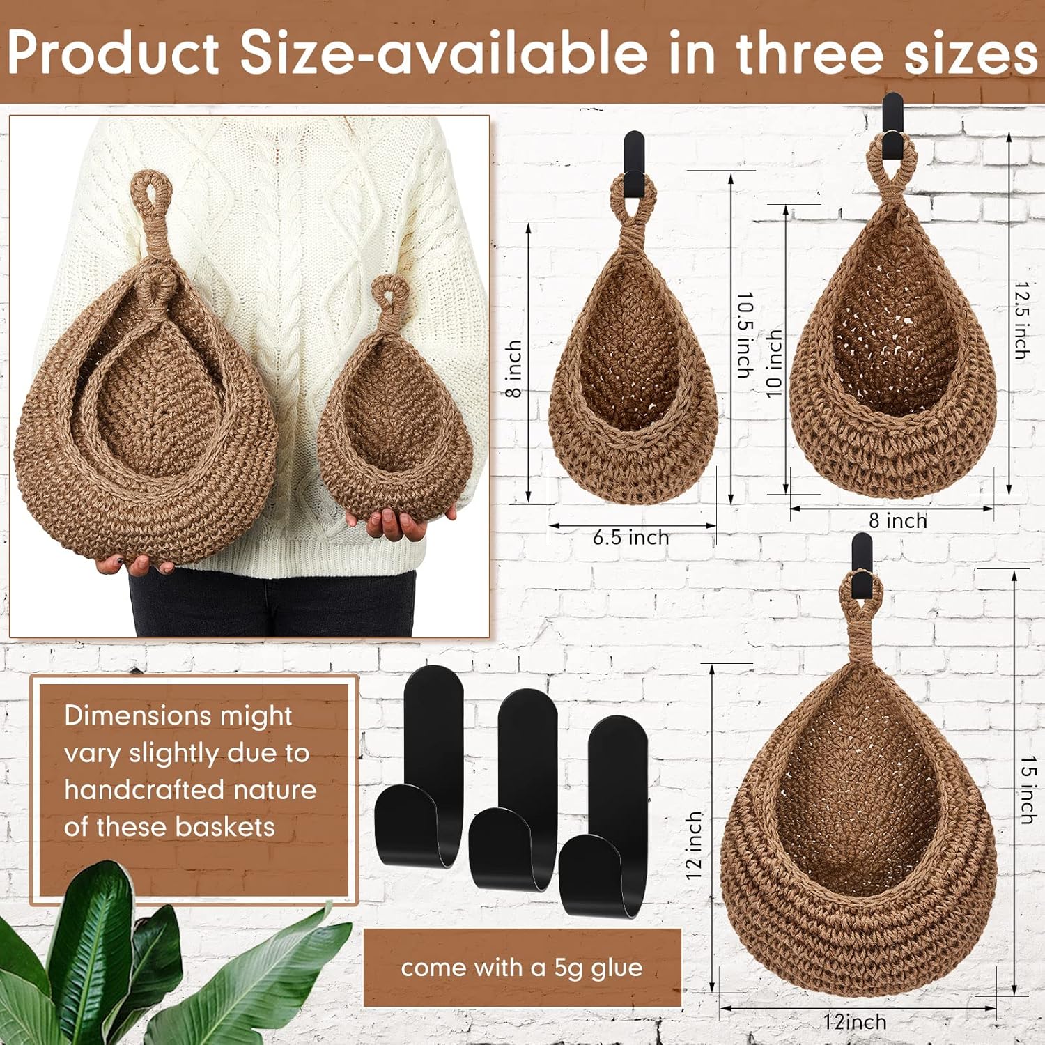 Boho Decor Hanging Wall Baskets / Linen / Jute / Teardrop / Set of 3