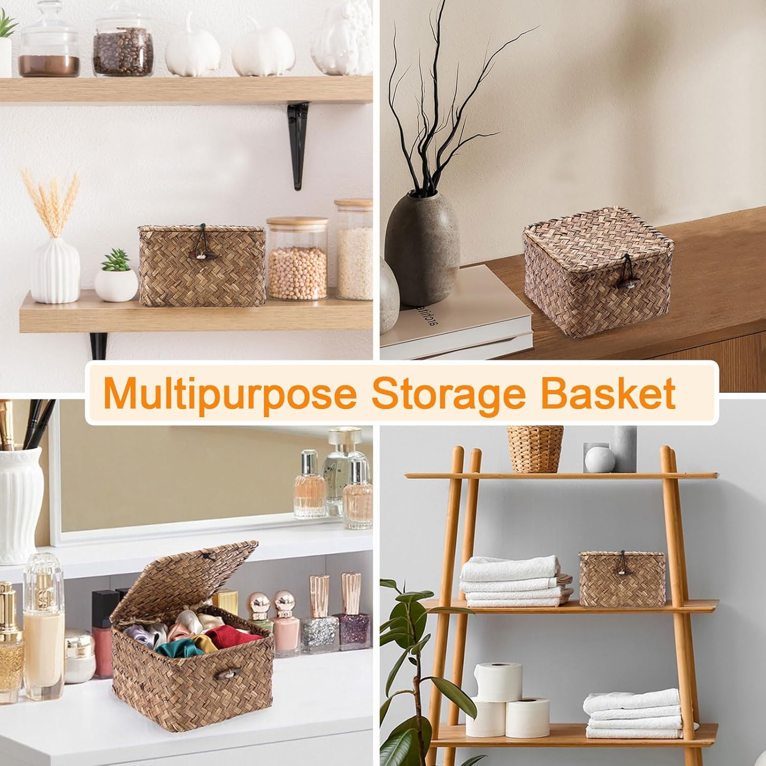 Seagrass Basket / Lid Wicker Storage Basket Square Handwoven Decorative Baskets Box / Small / Coffee