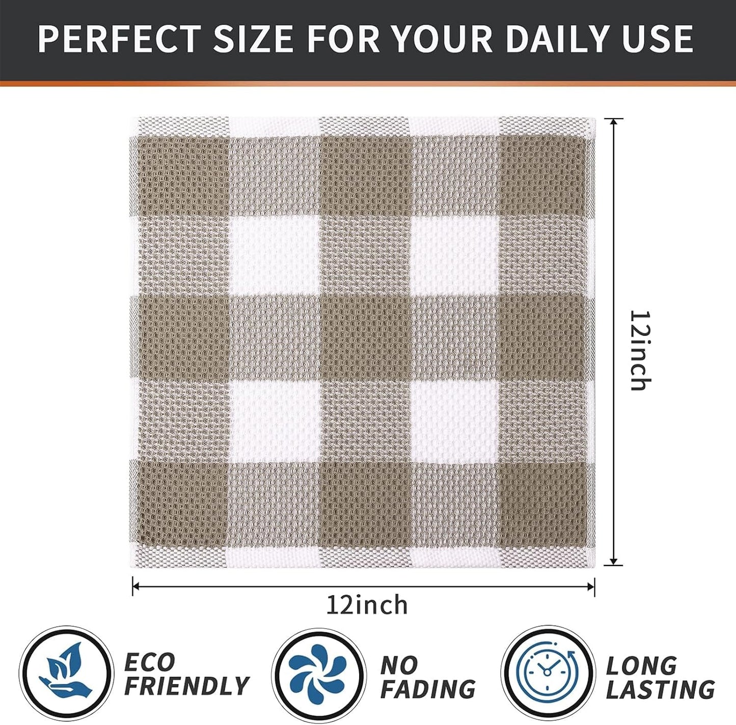 Mordimy Cotton Waffle Dish Cloths, 12"x 12", 12 Pack, Khaki & White | Super Soft and Absorbent Quick Drying Buffalo