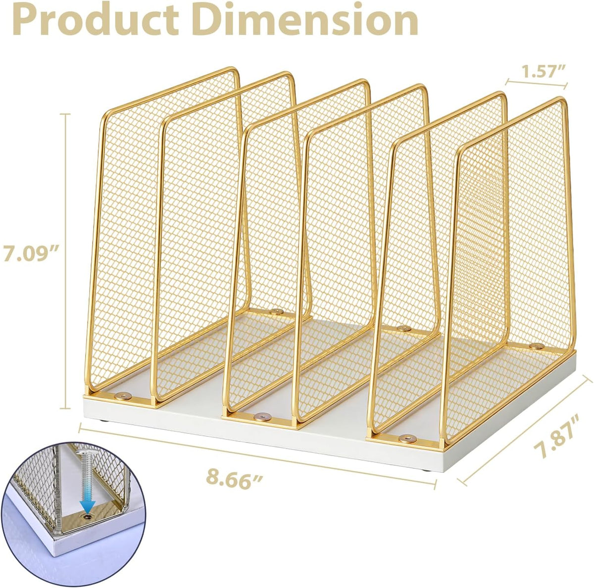 LEKETREE Gold Desk File Organizer, 5-Section Upright File Sorter, Vertical File Folder Holder, Mesh Metal Wood Office