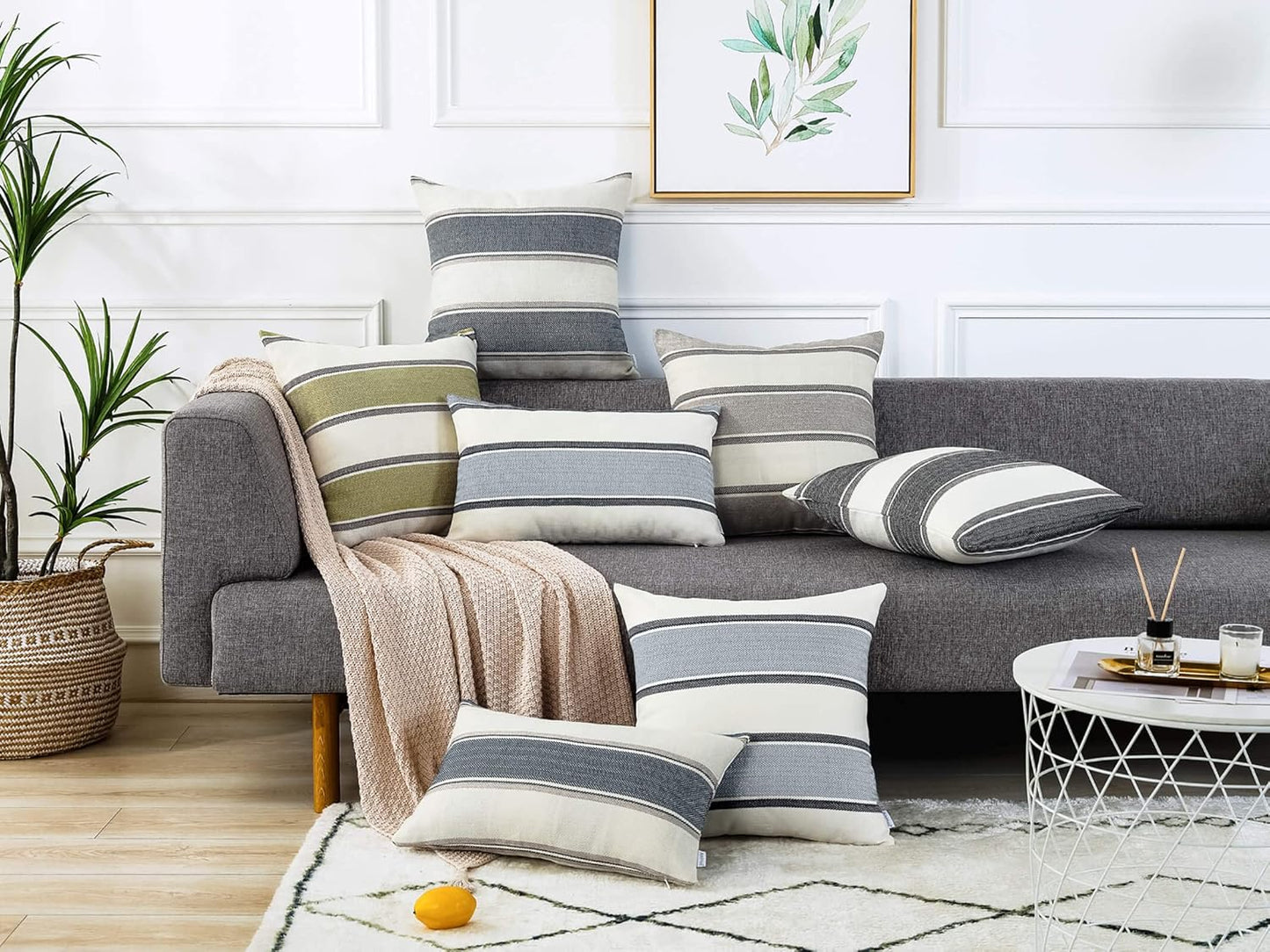 Farmhouse Linen Throw Pillow Cover Cushion Stripe Decoration / 18 x 18 / Light Grey / Set of 2