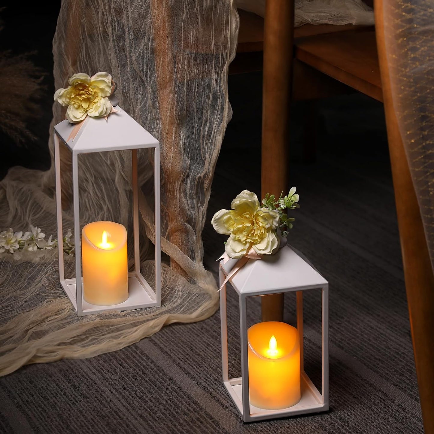 2 Pcs Wedding Lanterns Decorative with Candles White Farmhouse Lanterns | Glass-free Metal Decorative Candle Lanterns