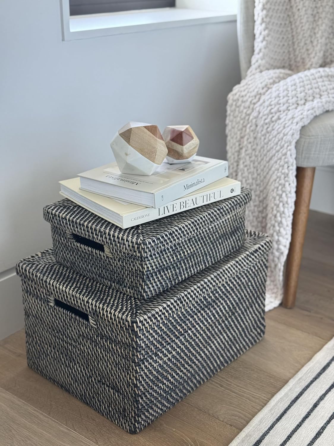 Rattan Storage Box and Decorative Basket / Black Wash / 18.5 Inch