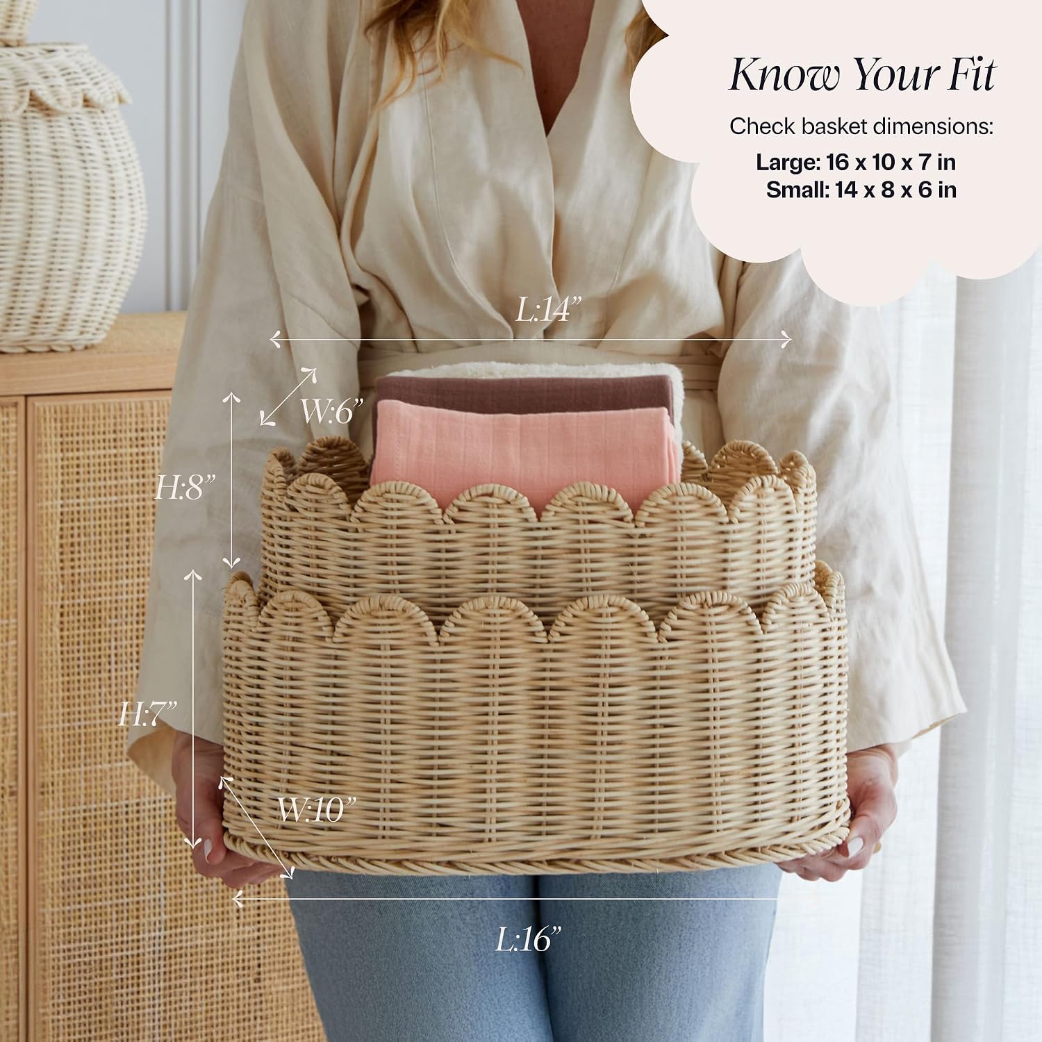 Scalloped Basket / Scallop Basket / Natural / 16 x 10 x 7 / Set of 2