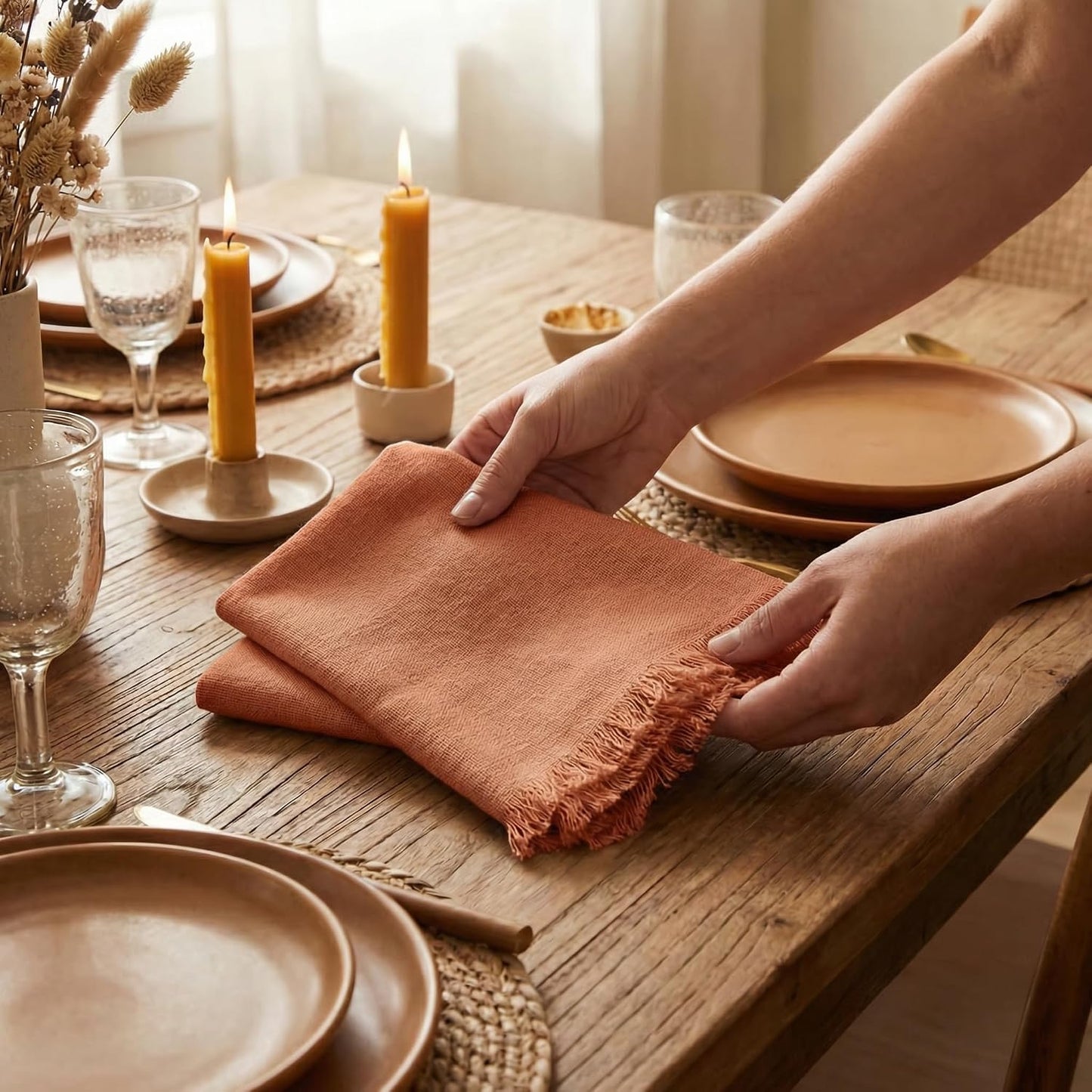 ACCENTHOME Rust Cotton Linen Napkin Set of 12 18x18 inch Dinner Napkins - Washable Soft Premium Hotel Quality Reusable