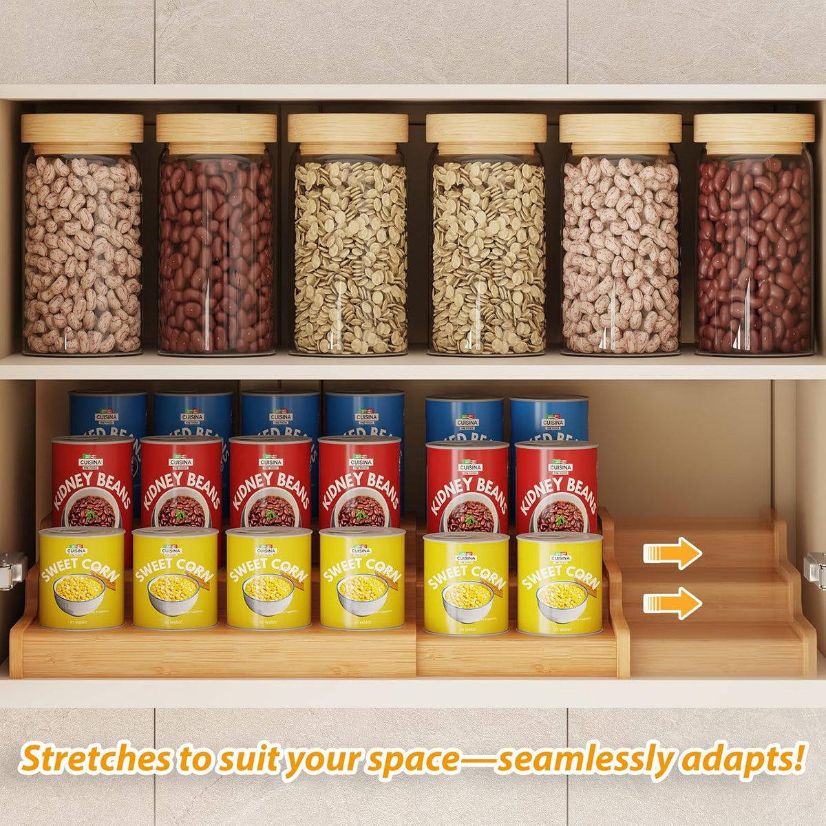 Expandable Bamboo Can Rack Organizer for Pantry, 3-Tier Adjustable Can Storage Holder, Soda Organizer Holds Up to 24