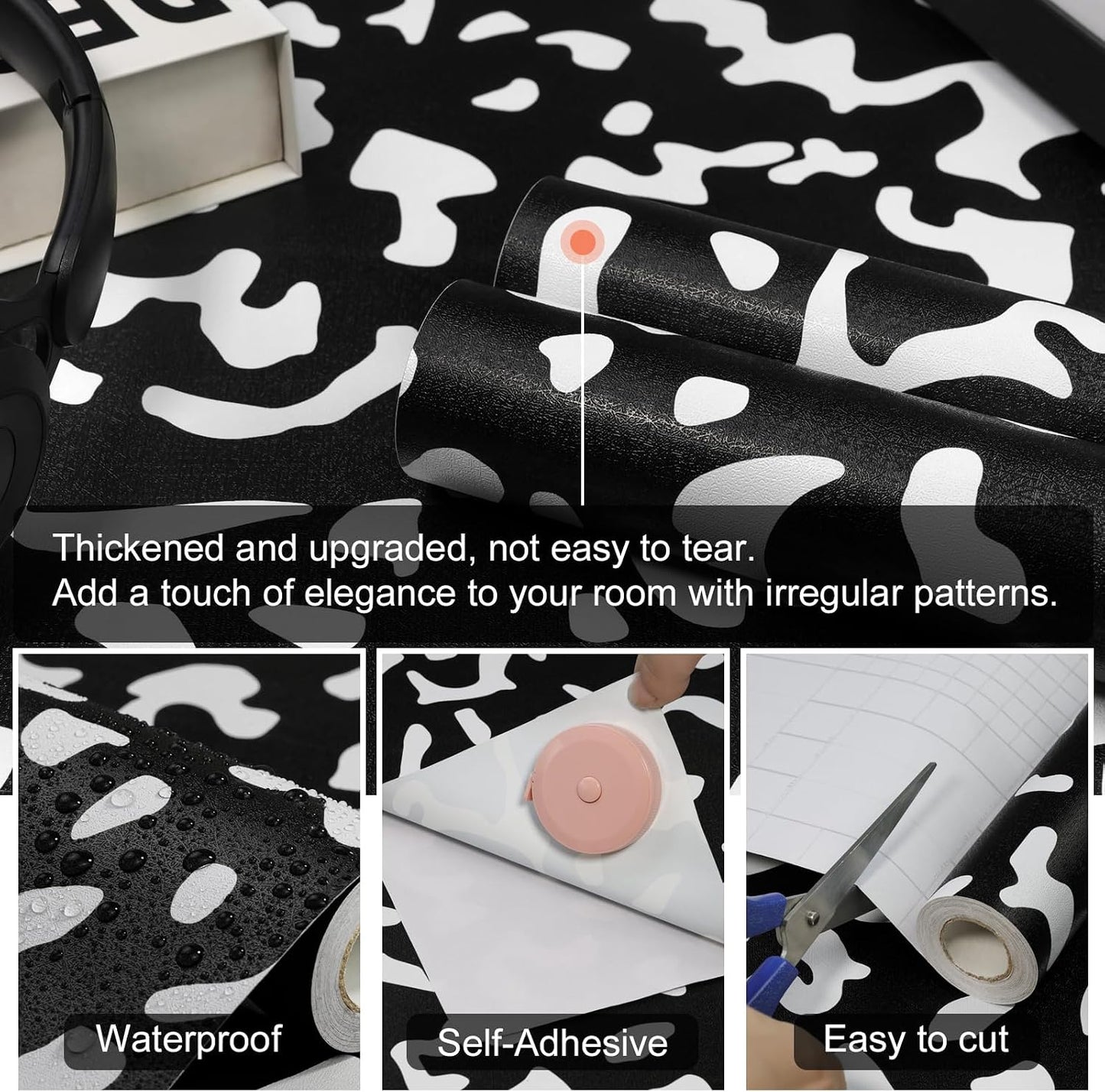 Black Contact Paper Composition Wallpaper Peel and Stick Wallpaper Vintage / 17.3 x 120 / White